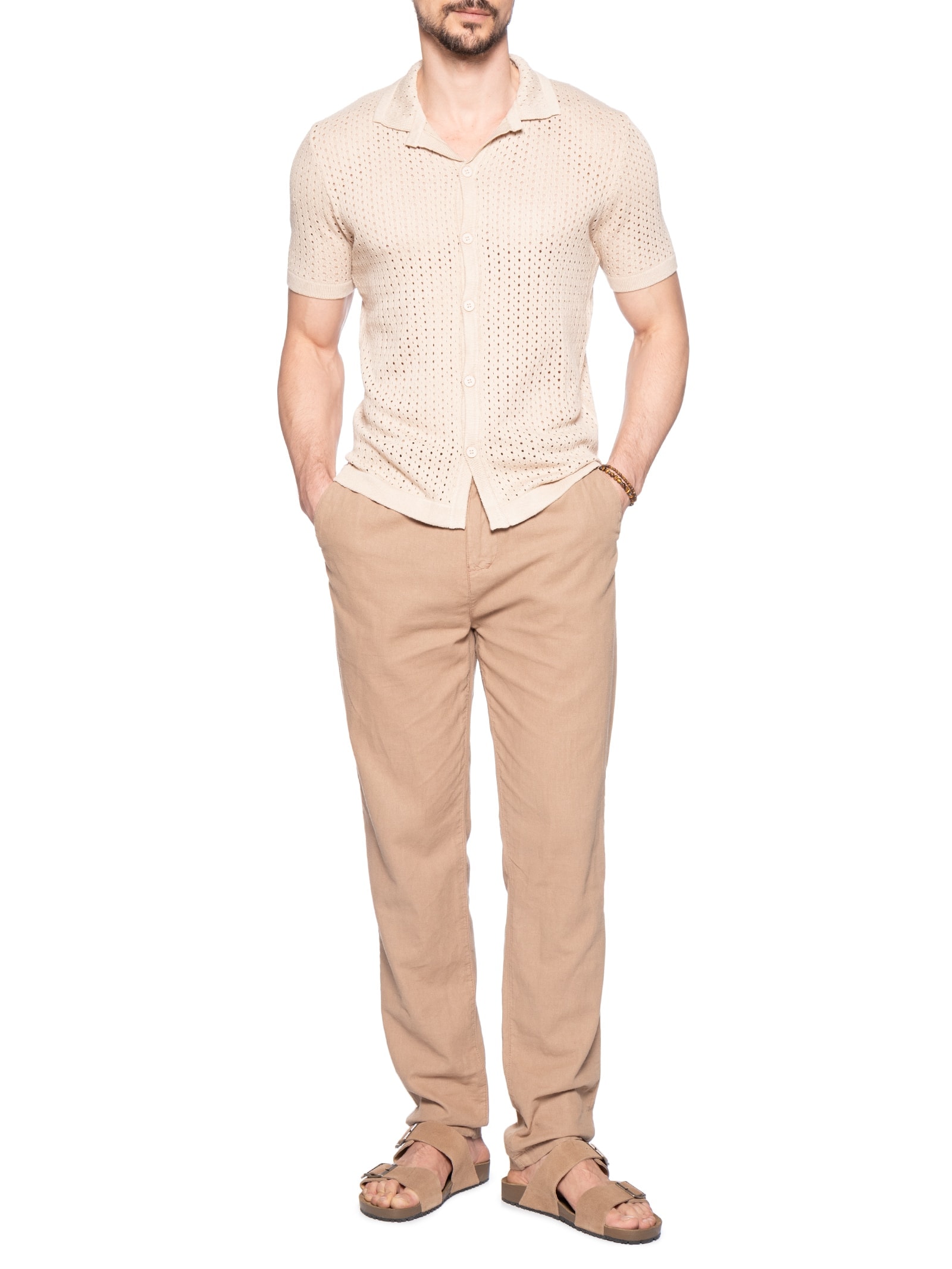 Camisa Masculina Em Tricot Bege Basiq Men