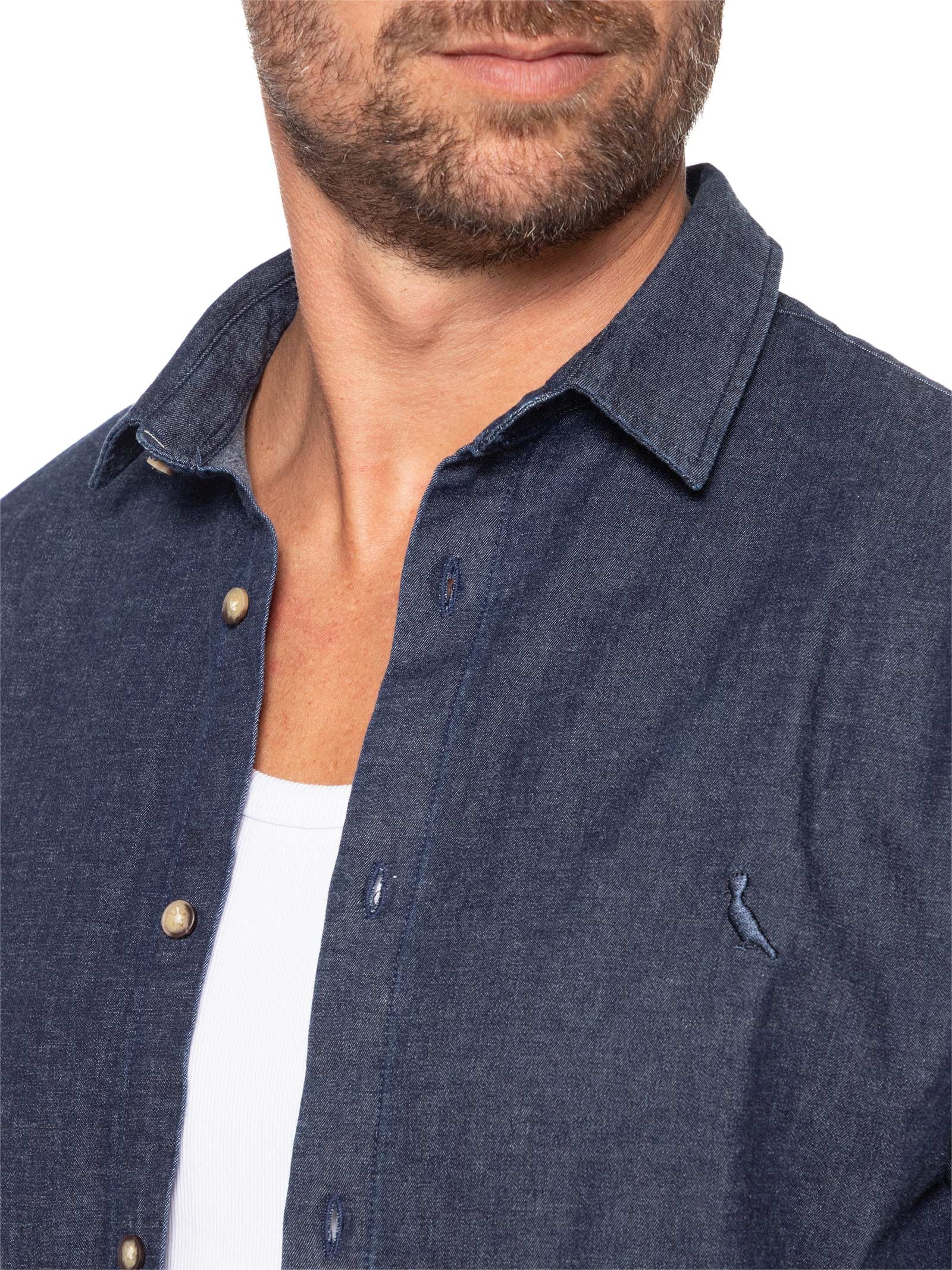 Camisa Masculina Enxuto Jeans Azul Reserva