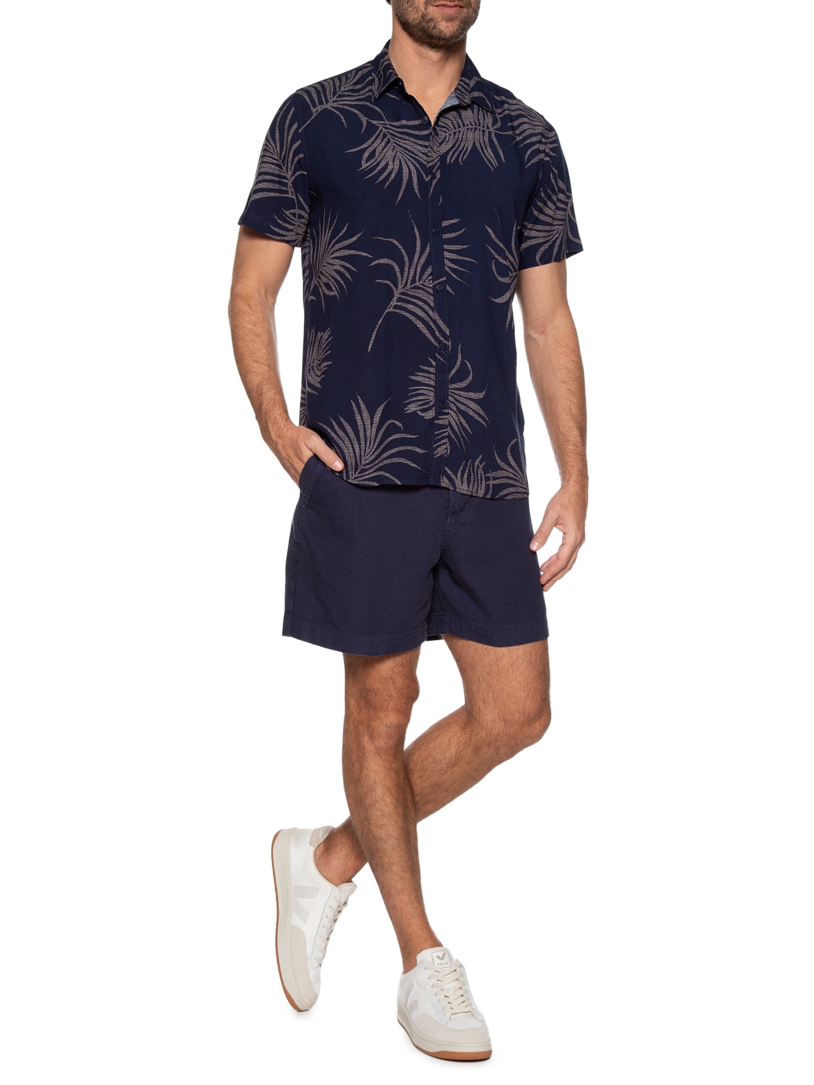 Camisa Masculina Estampa Folhagem Manga Curta Azul Basiq Men