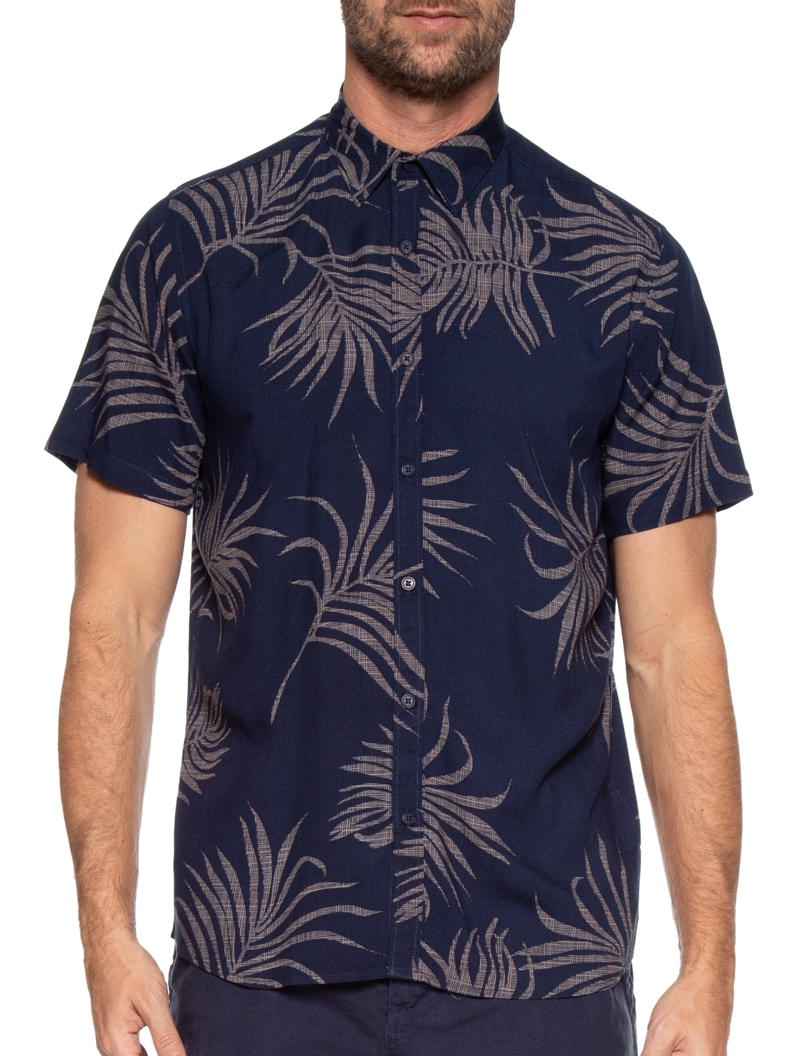 Camisa Masculina Estampa Folhagem Manga Curta Azul Basiq Men