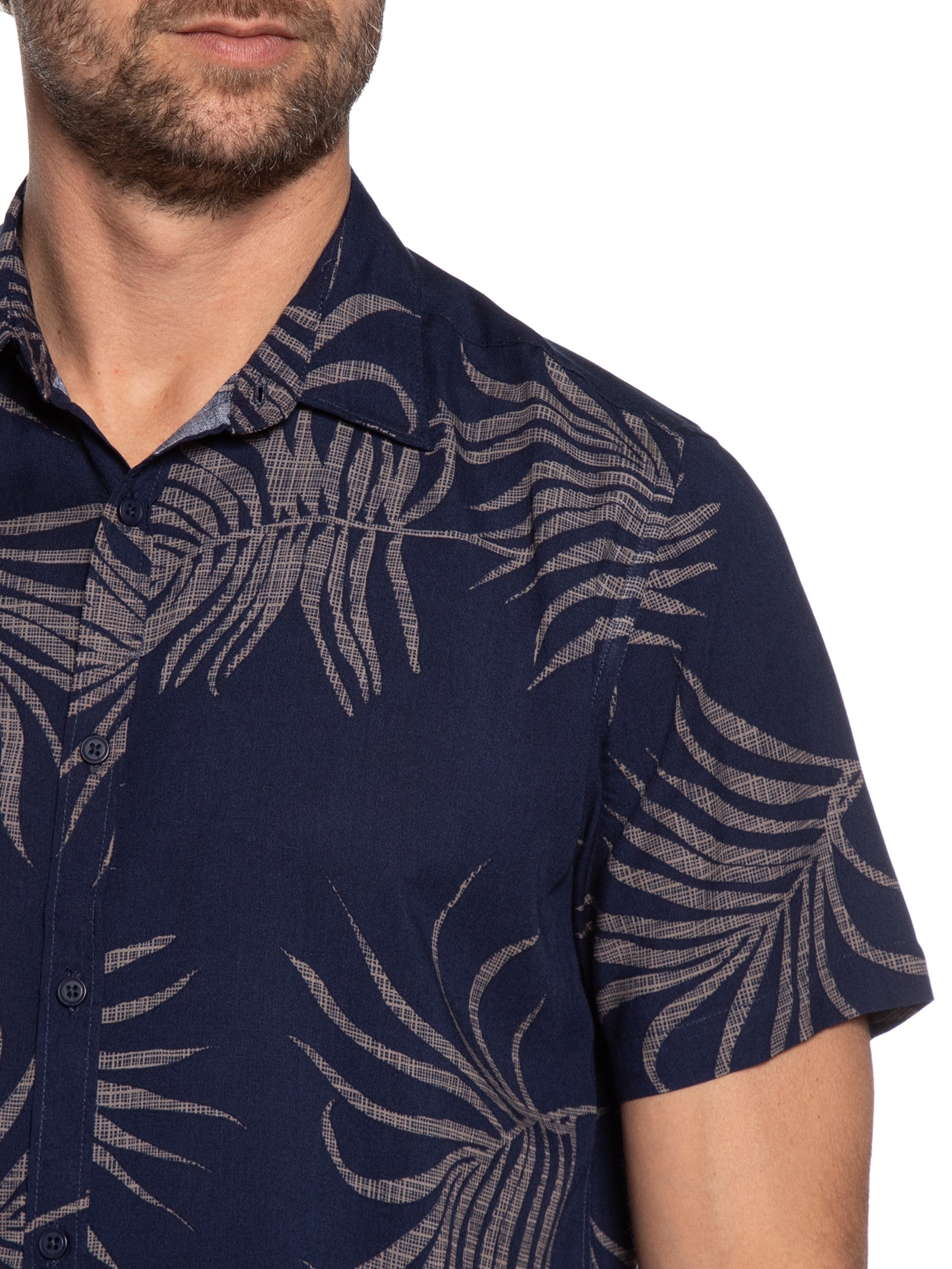 Camisa Masculina Estampa Folhagem Manga Curta Azul Basiq Men