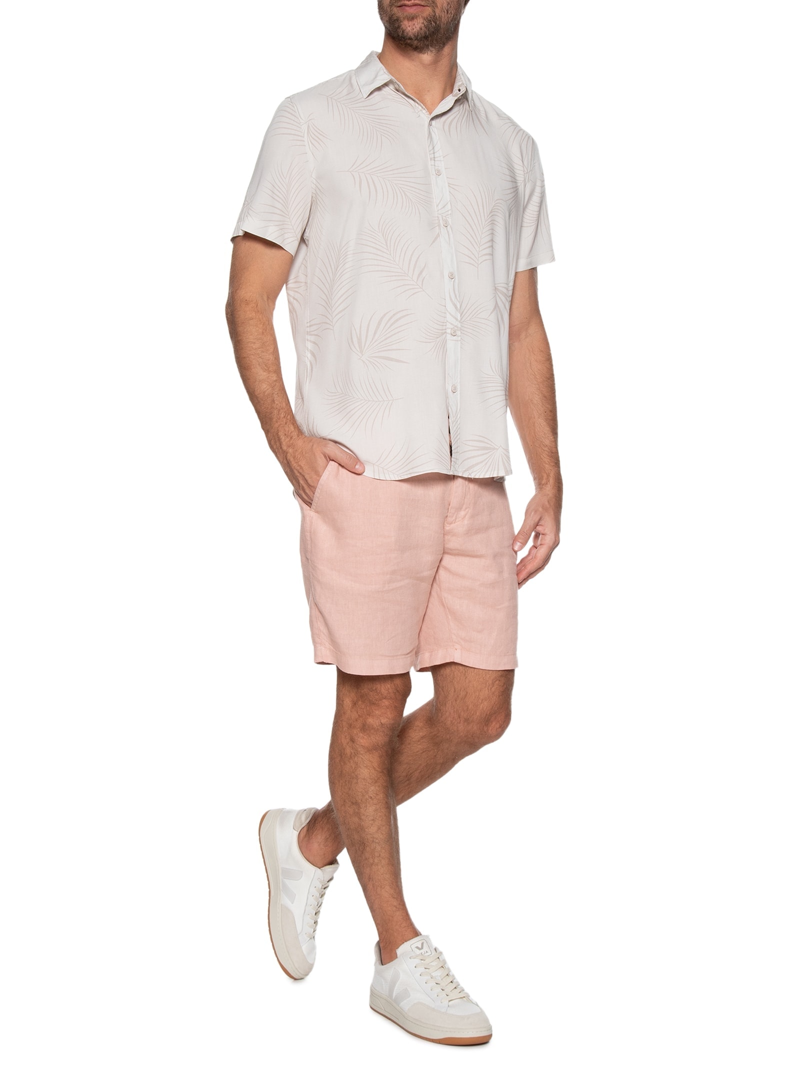 Camisa Masculina Estampa Folhagem Manga Curta Bege '2 Essential