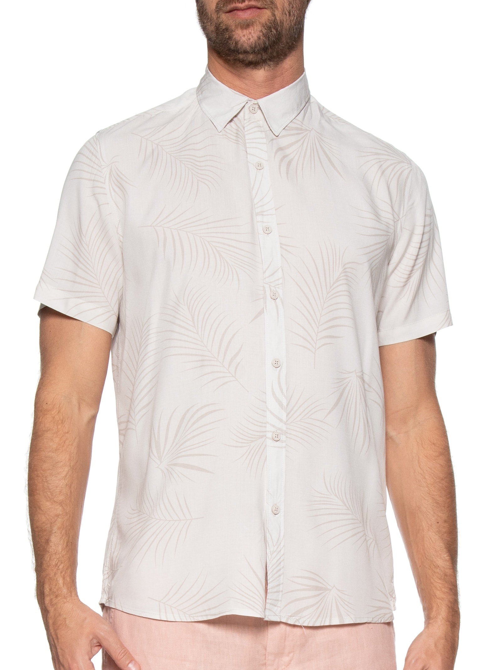 Camisa Masculina Estampa Folhagem Manga Curta Bege '2 Essential