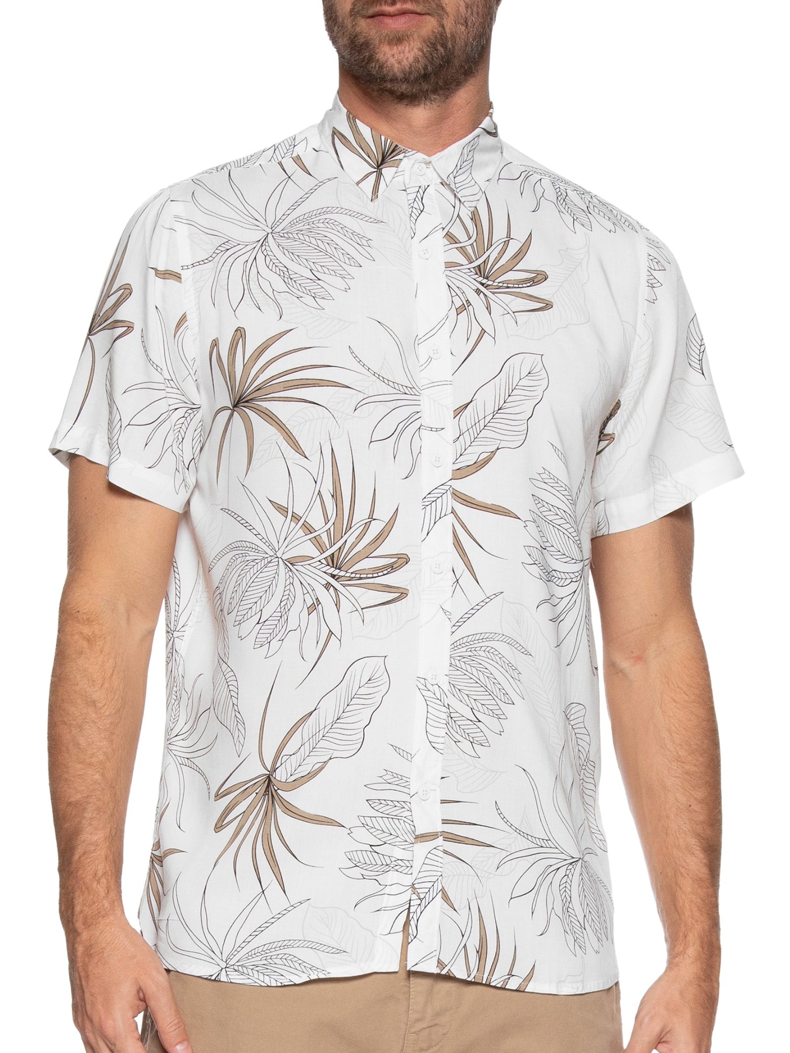 Camisa Masculina Estampa Folhagem Manga Curta Branco Basiq Men