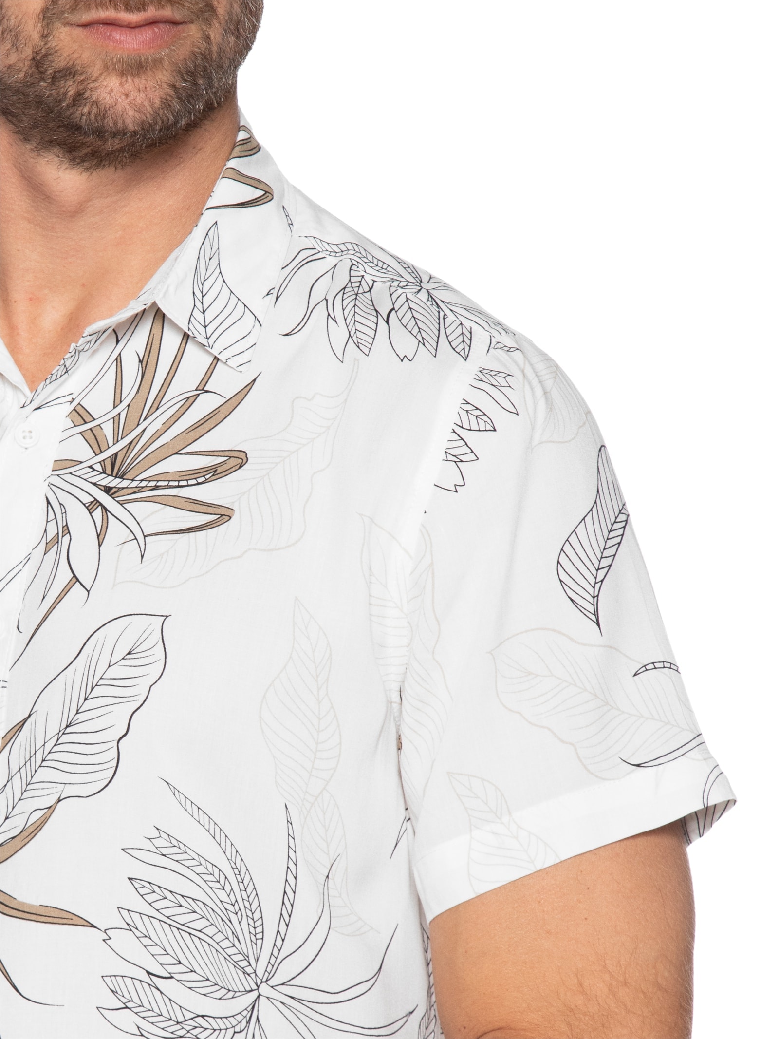 Camisa Masculina Estampa Folhagem Manga Curta Branco Basiq Men