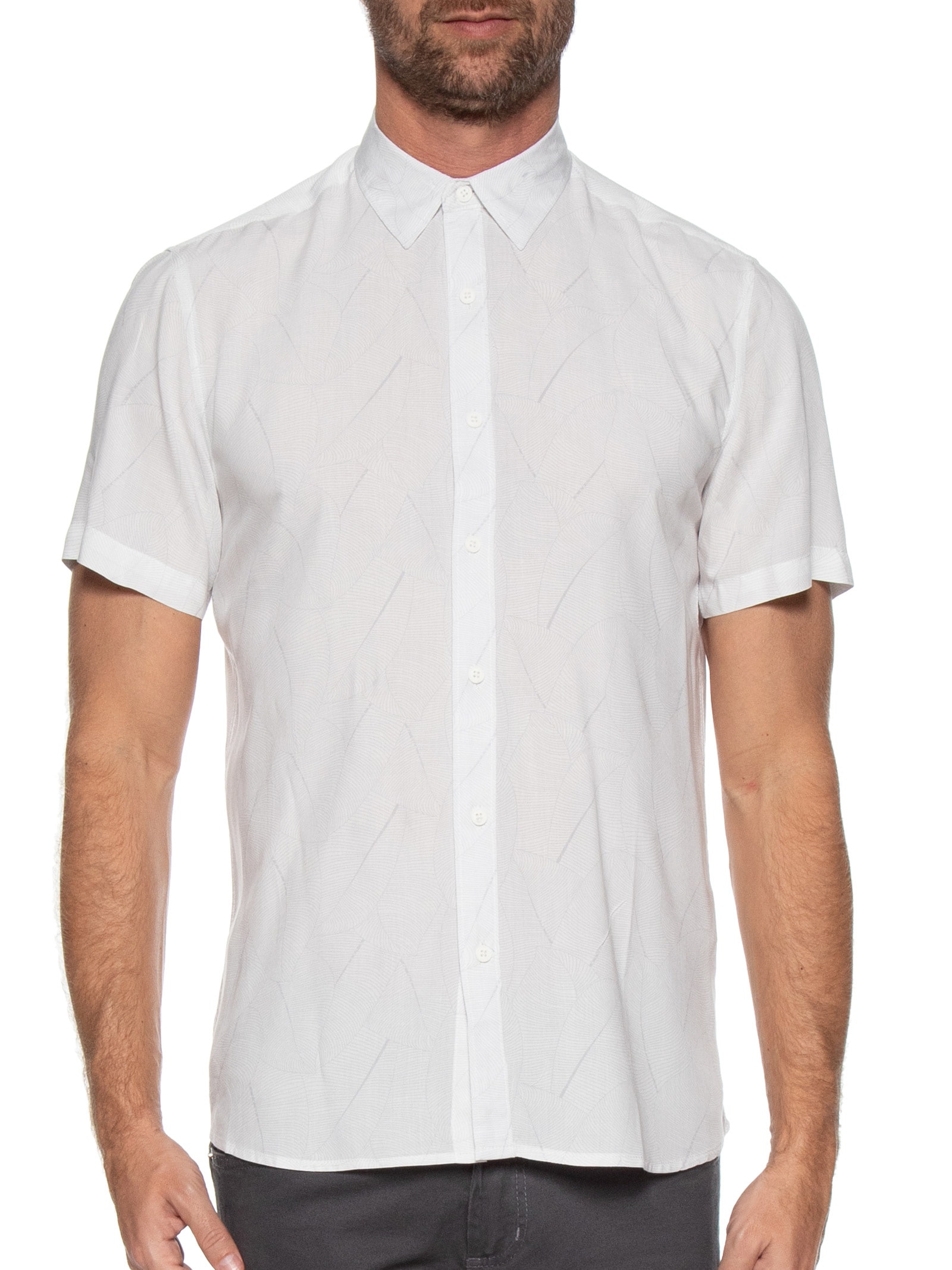 Camisa Masculina Estampa Folhagem Manga Curta Branco '2 Essential