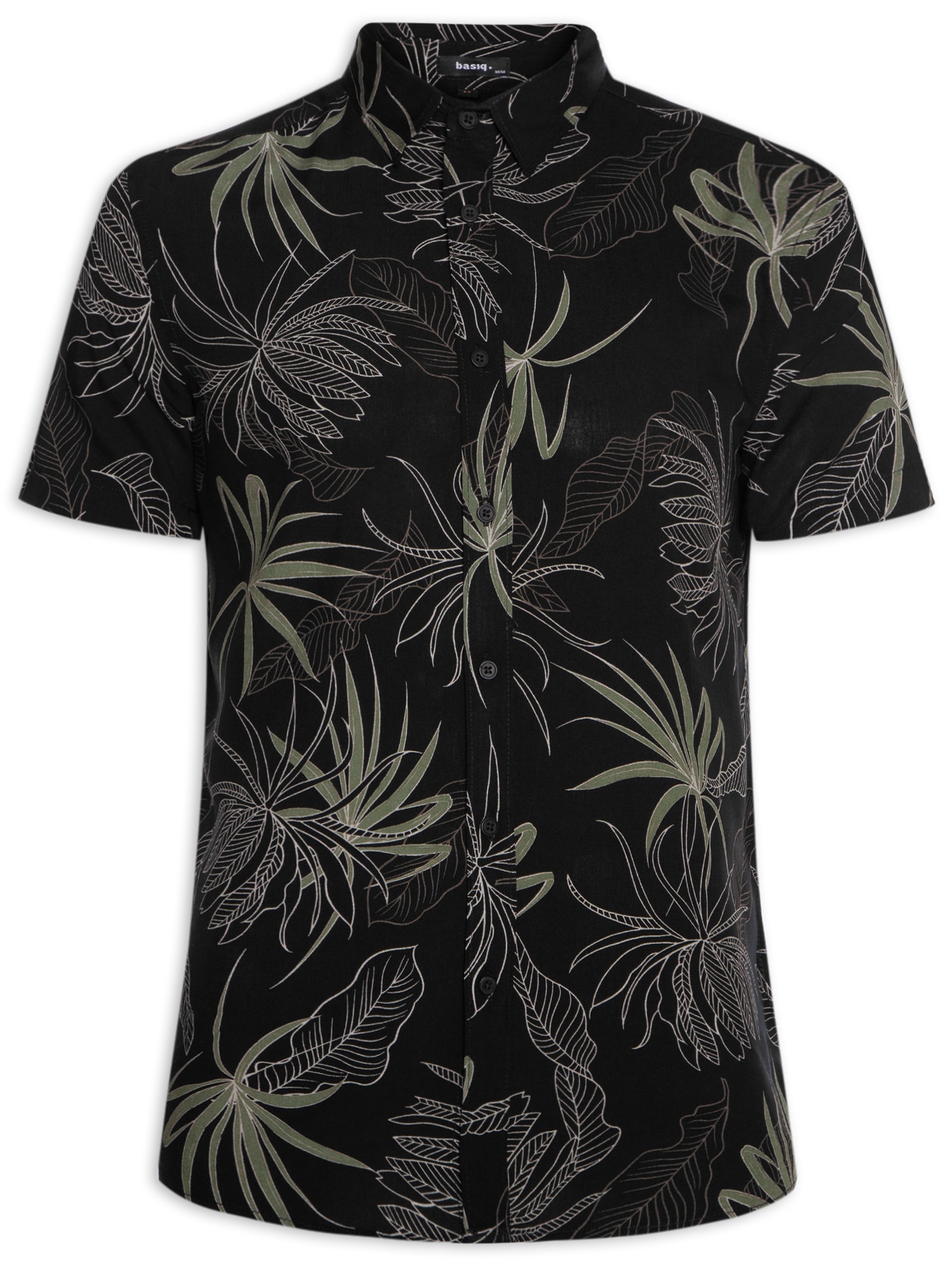 Camisa Masculina Estampa Folhagem Manga Curta Preto Basiq Men