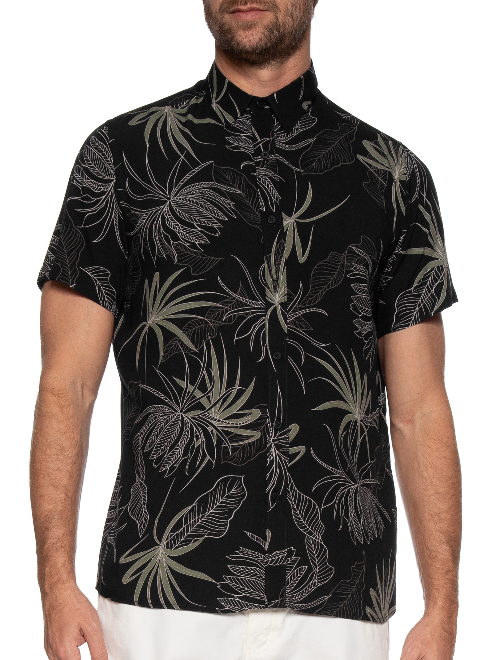 Camisa Masculina Estampa Folhagem Manga Curta Preto Basiq Men