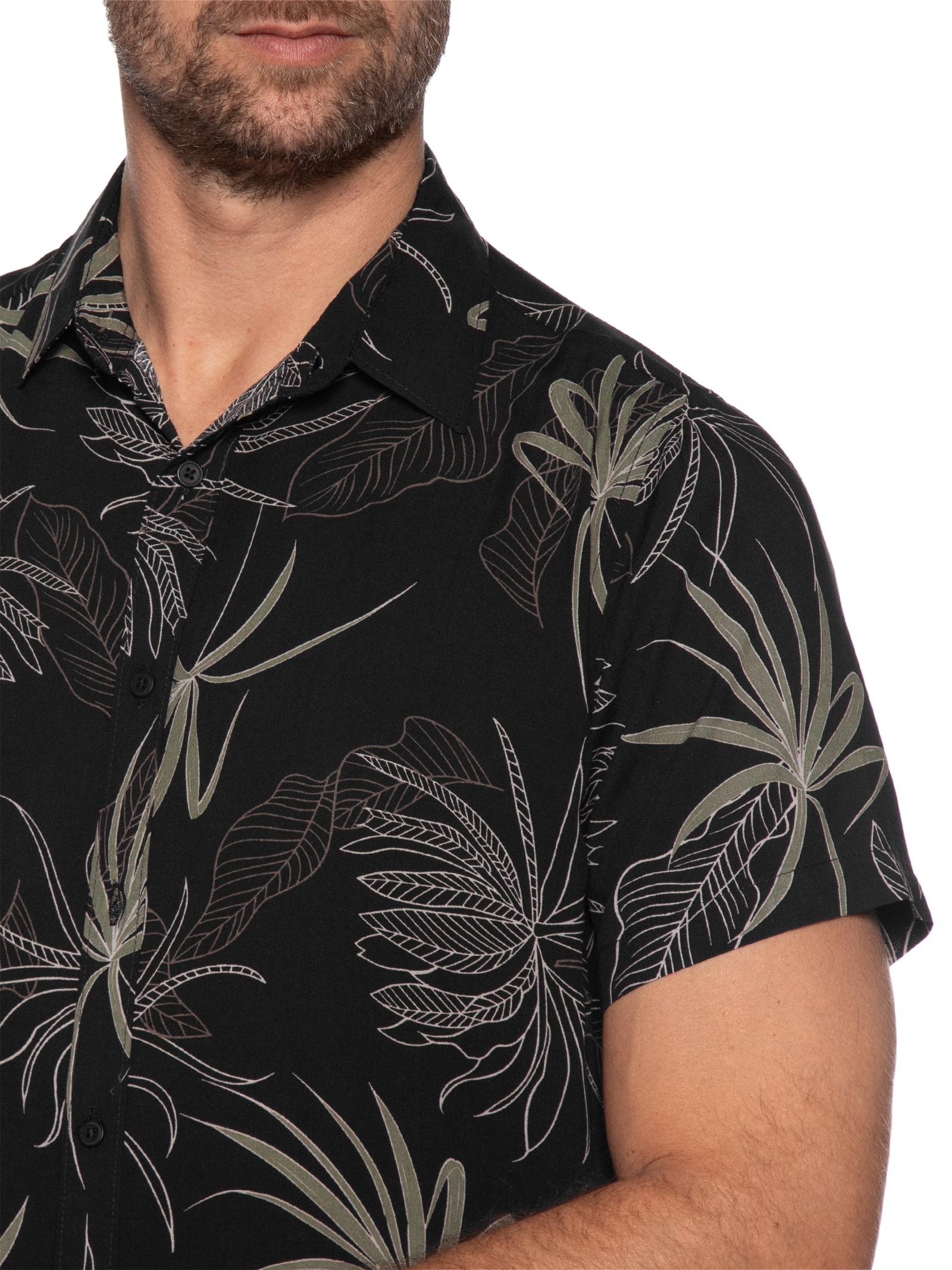 Camisa Masculina Estampa Folhagem Manga Curta Preto Basiq Men