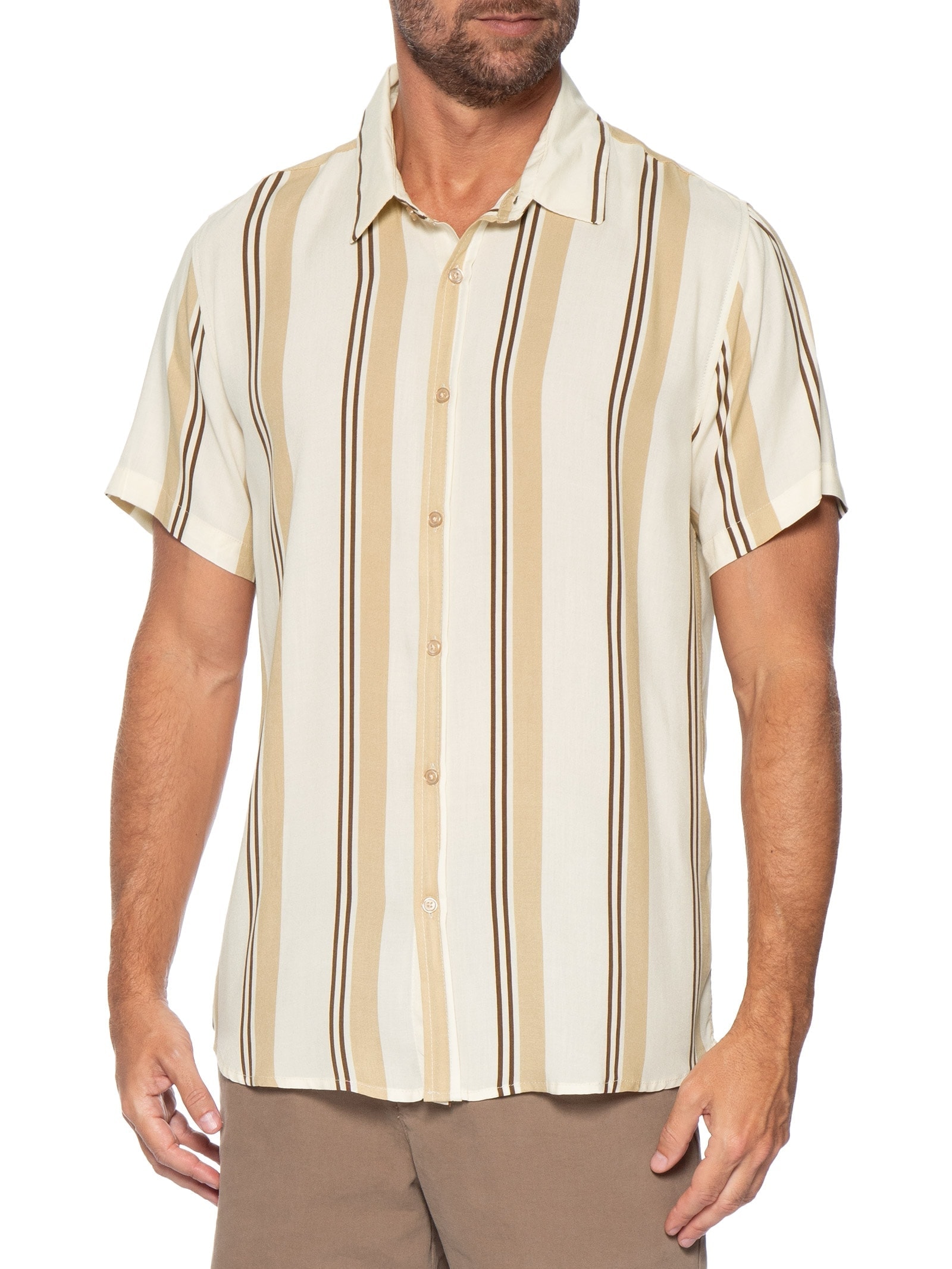Camisa Masculina Estampa Listras Manga Curta Bege Basiq Men
