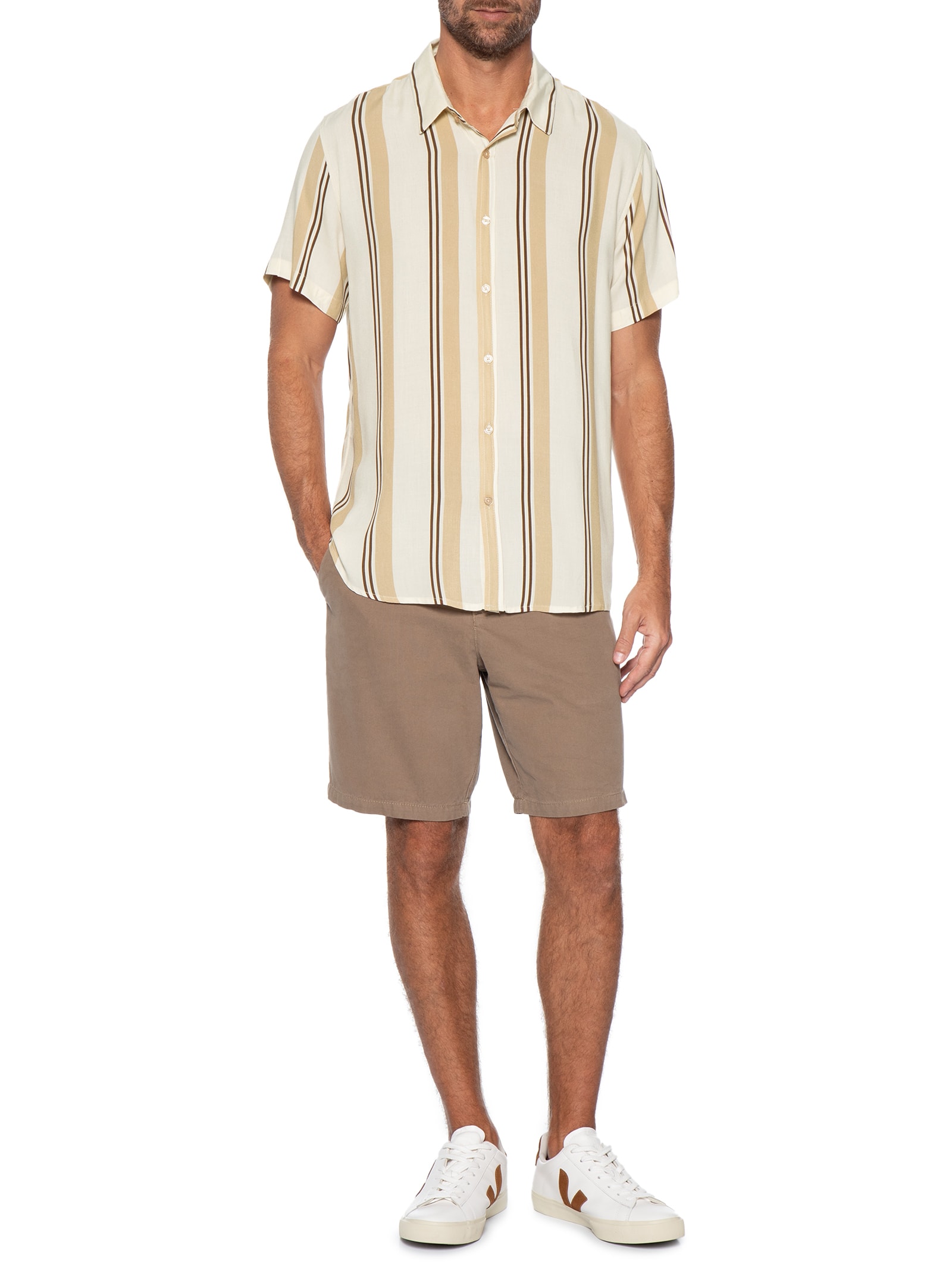 Camisa Masculina Estampa Listras Manga Curta Bege Basiq Men