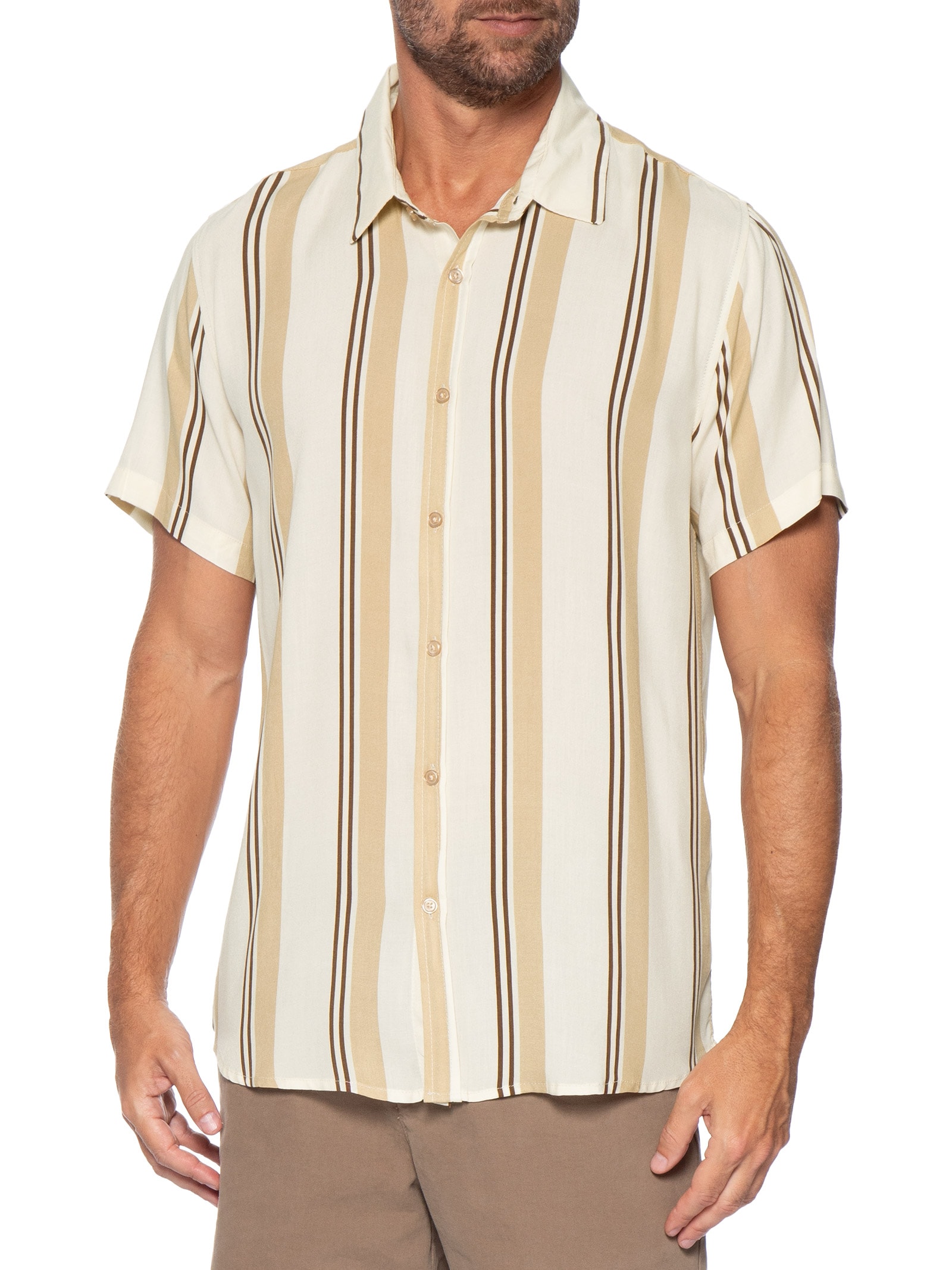 Camisa Masculina Estampa Listras Manga Curta Bege Basiq Men