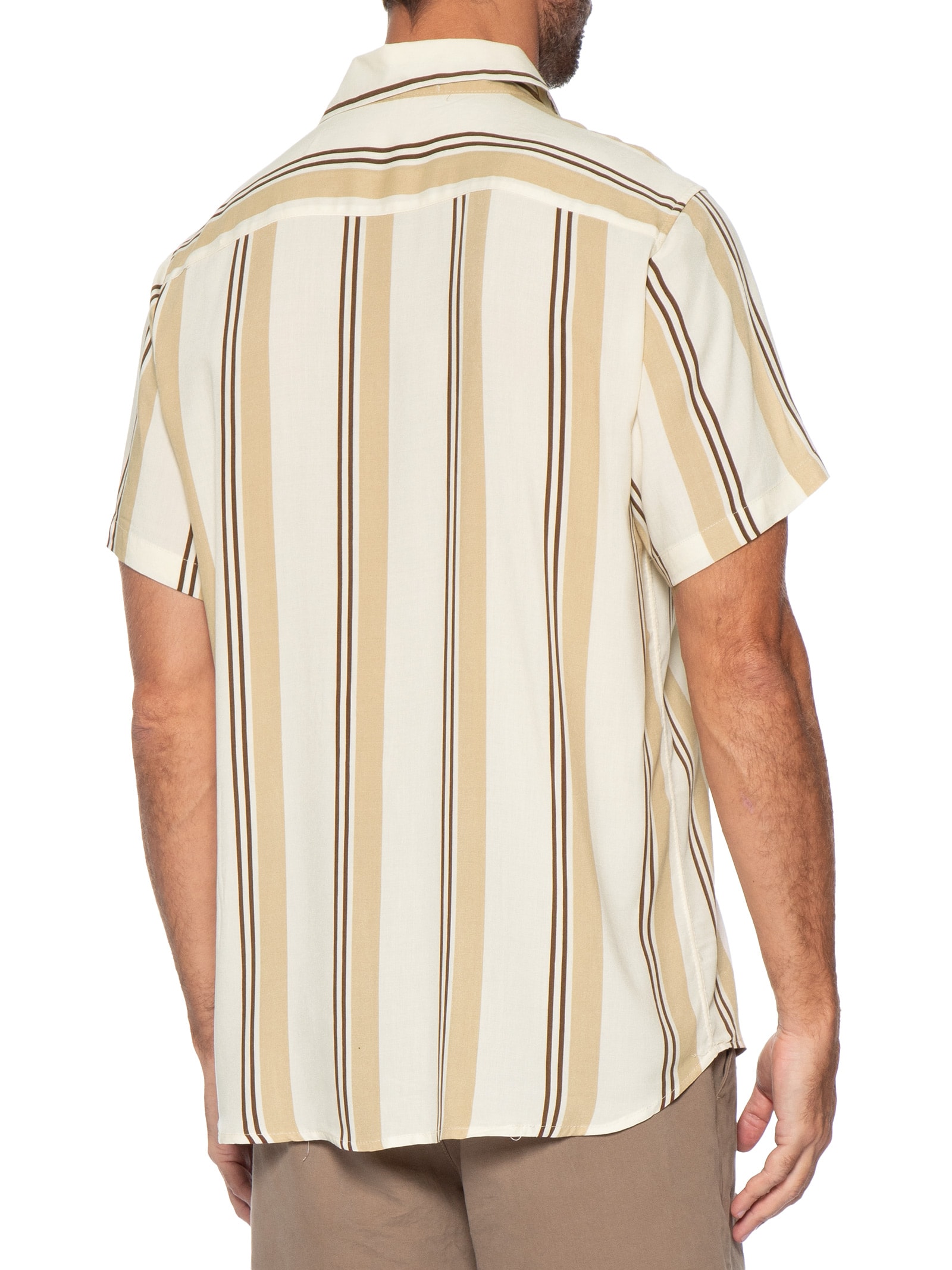 Camisa Masculina Estampa Listras Manga Curta Bege Basiq Men