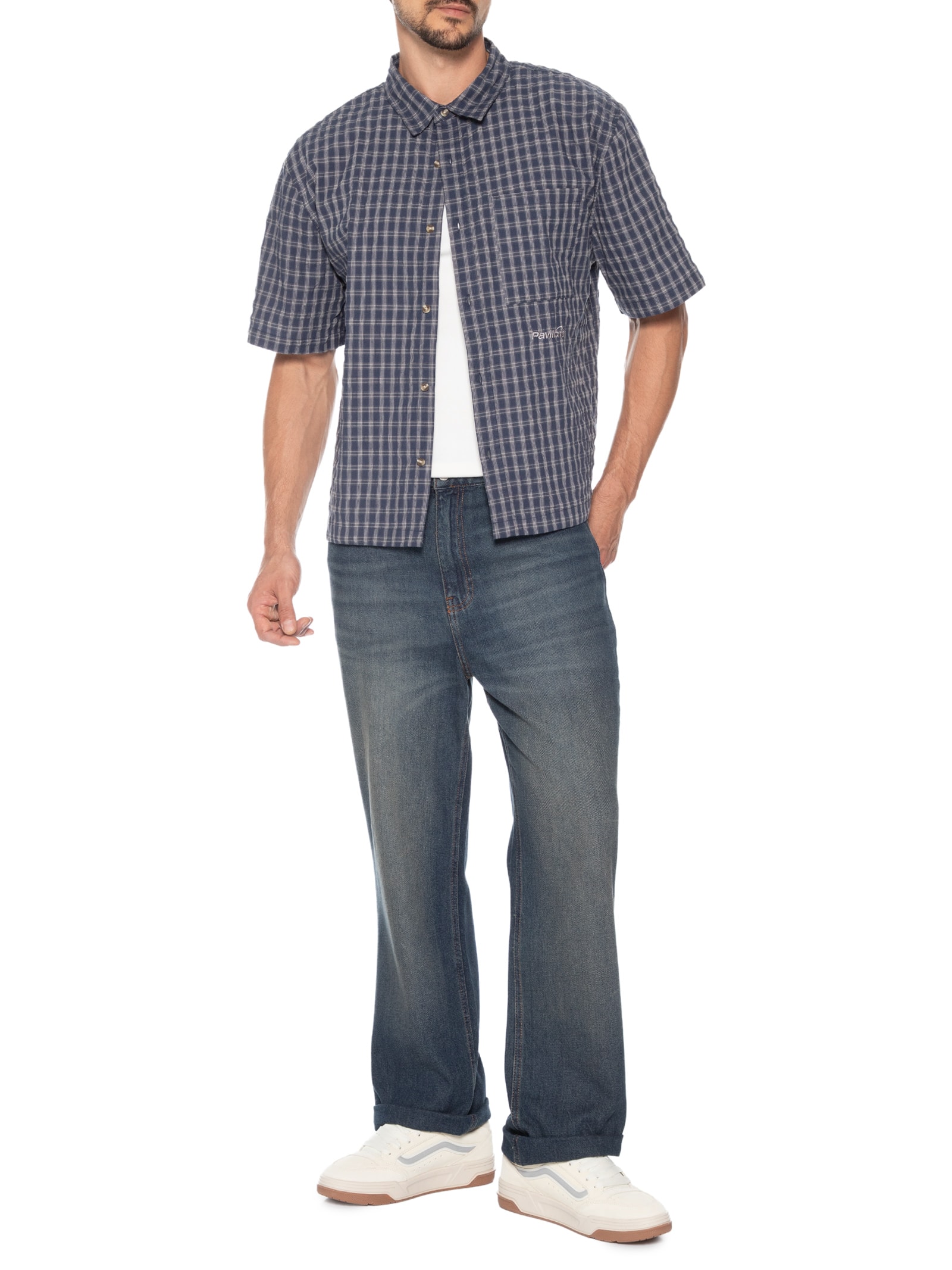 Camisa Masculina Estampada Darcy Sleeve Shirt Azul Cotton On