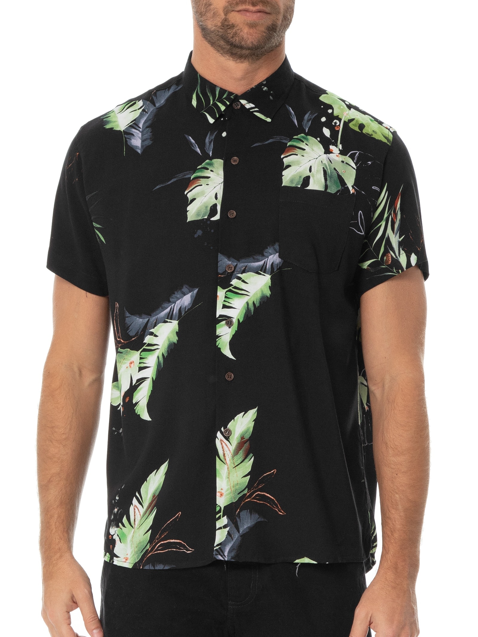 Camisa Masculina Estampada Manga Curta Preto Basiq Men