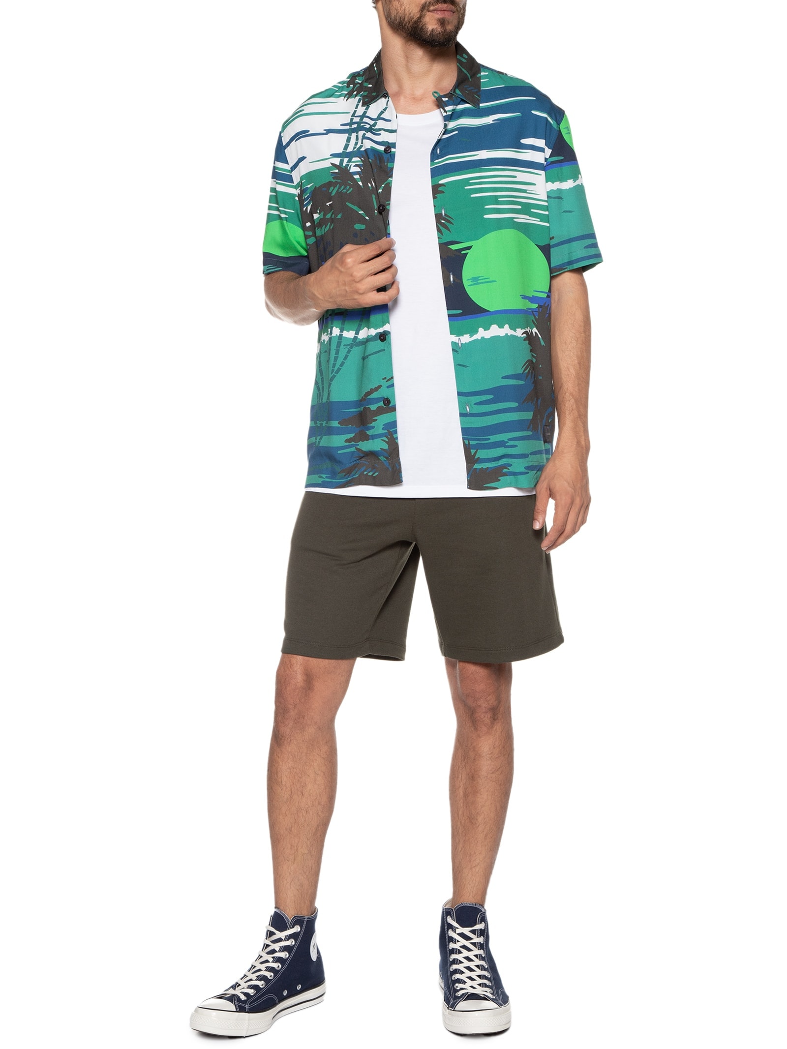 Camisa Masculina Estampada Manga Curta Visco Sunset American Verde Ellus