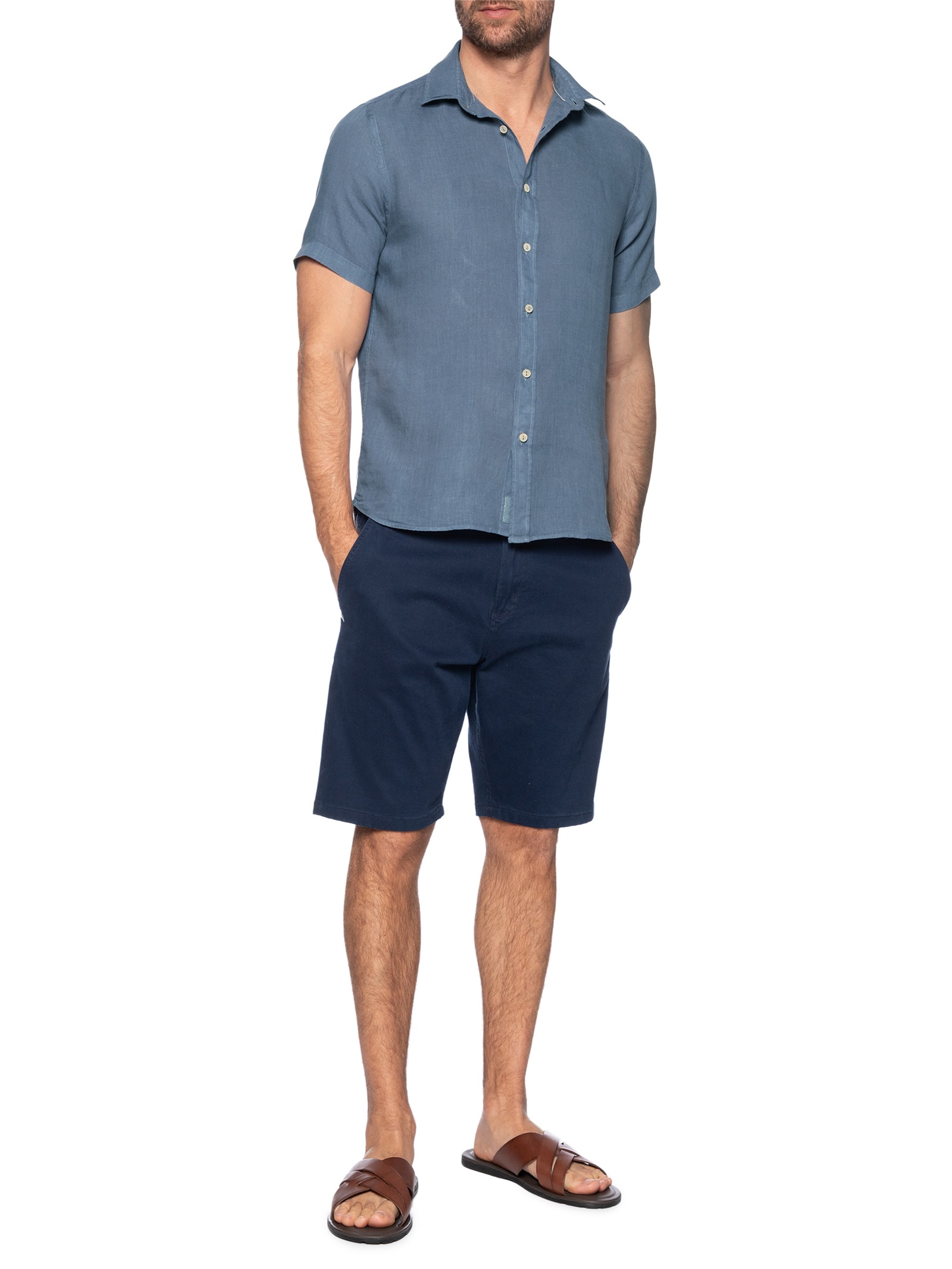 Camisa Masculina Formentera 100% Linho Azul Pineapple