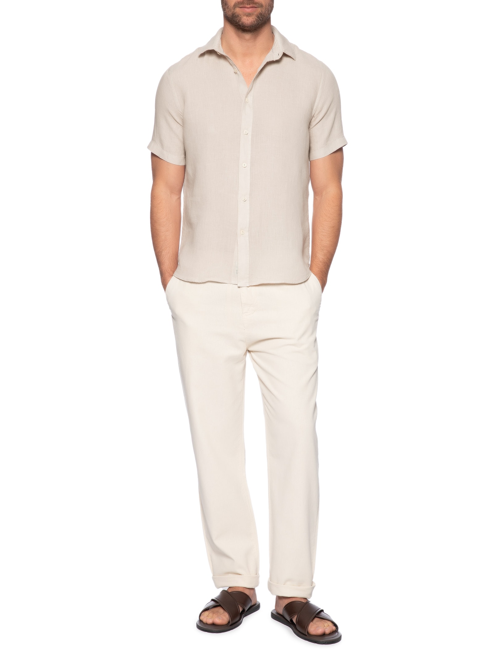 Camisa Masculina Formentera 100% Linho Manga Curta Bege Pineapple