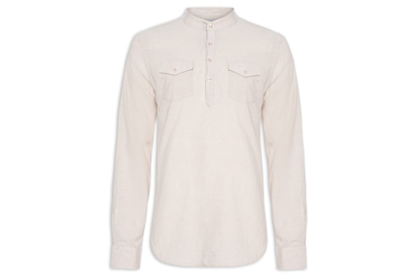 Camisa Masculina Gola Padre Com Bolso Manga Longa - Bege