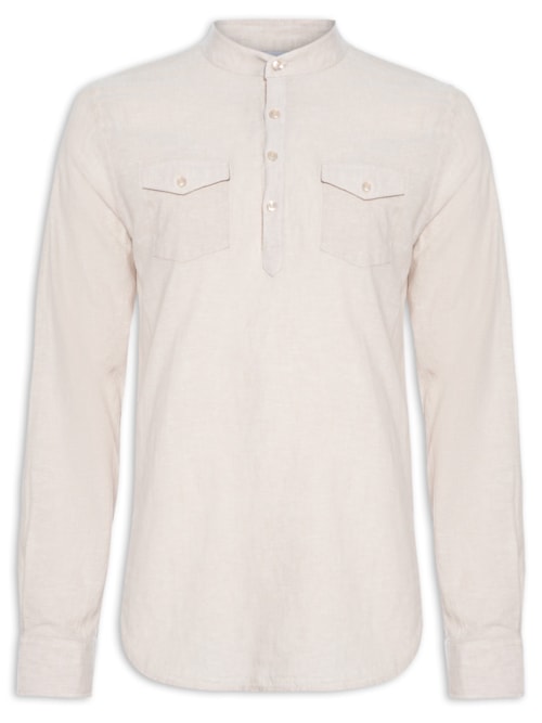 Camisa Masculina Gola Padre Com Bolso Manga Longa – Bege