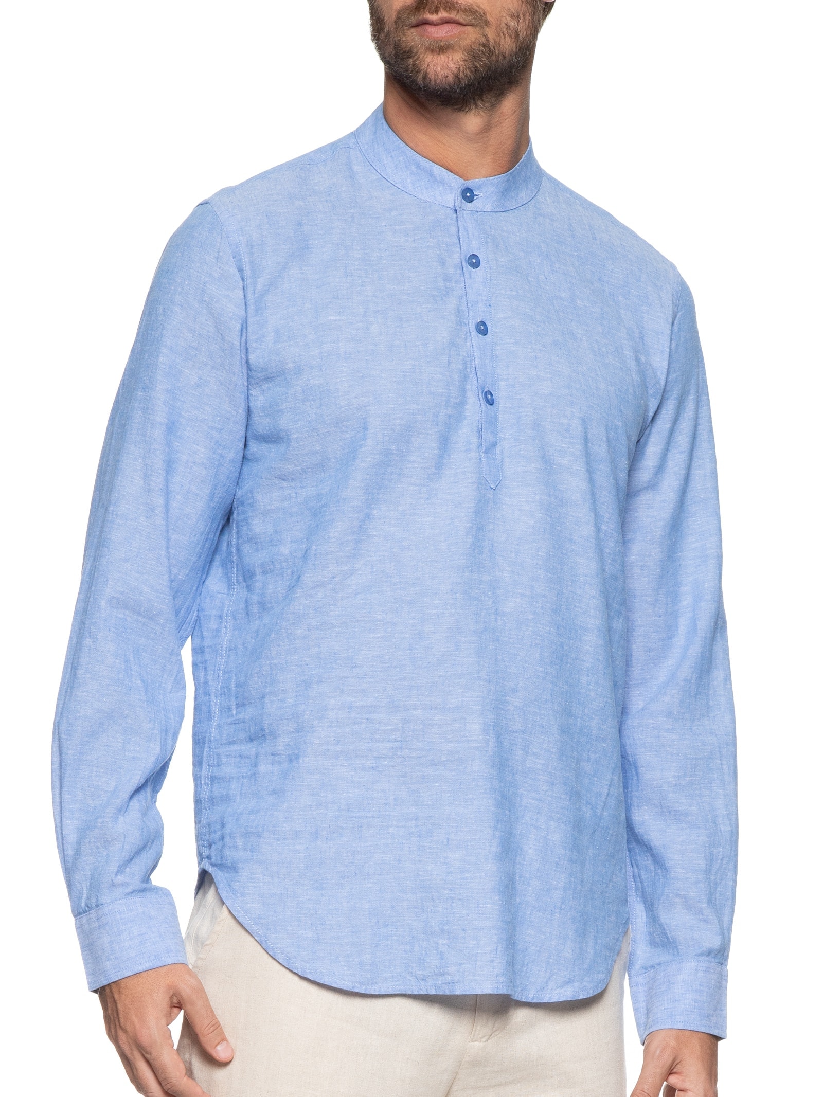 '2 Essential - Camisa Masculina Gola Padre Manga Longa - Azul