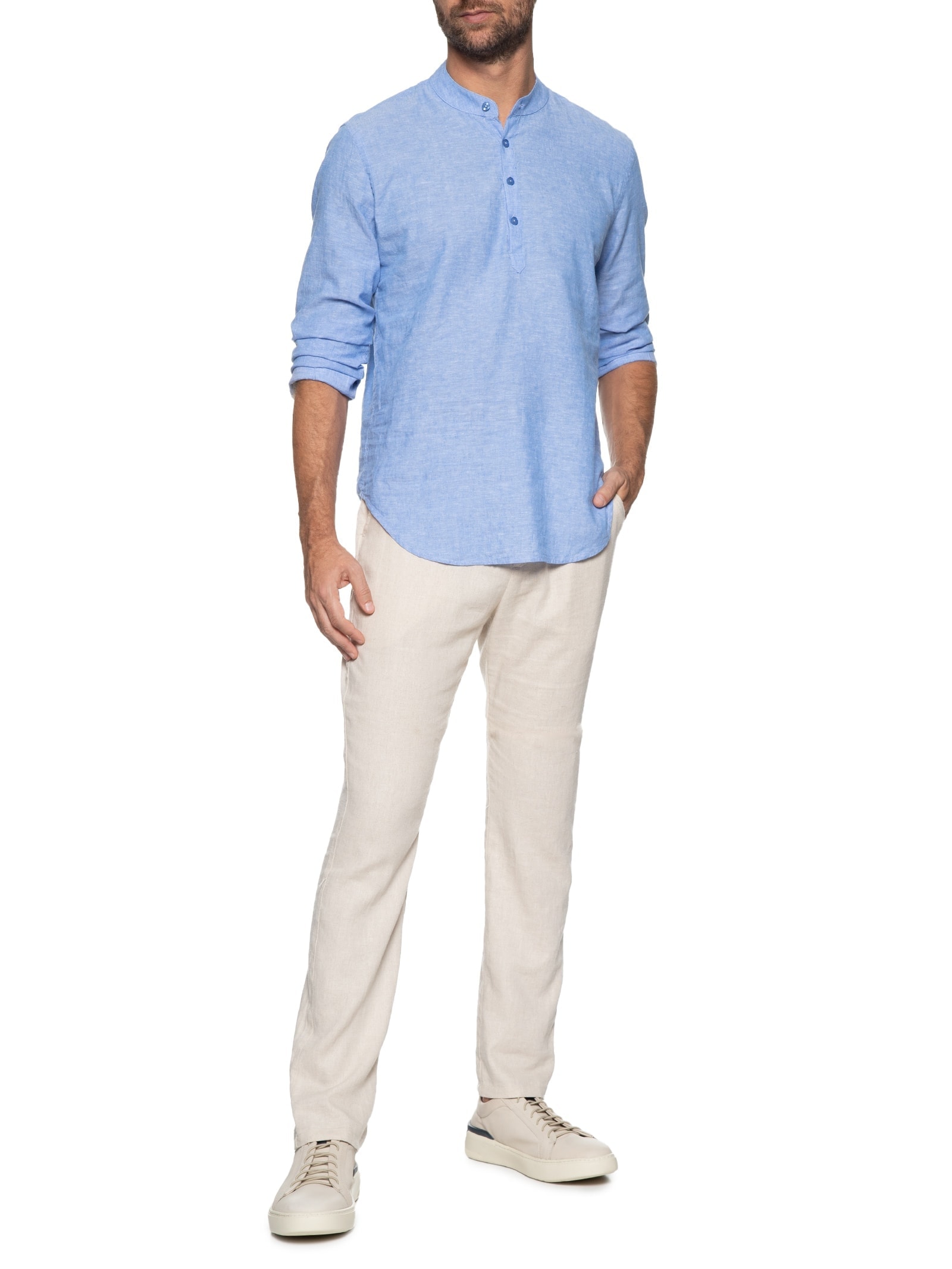 Camisa Masculina Gola Padre Manga Longa Azul '2 Essential