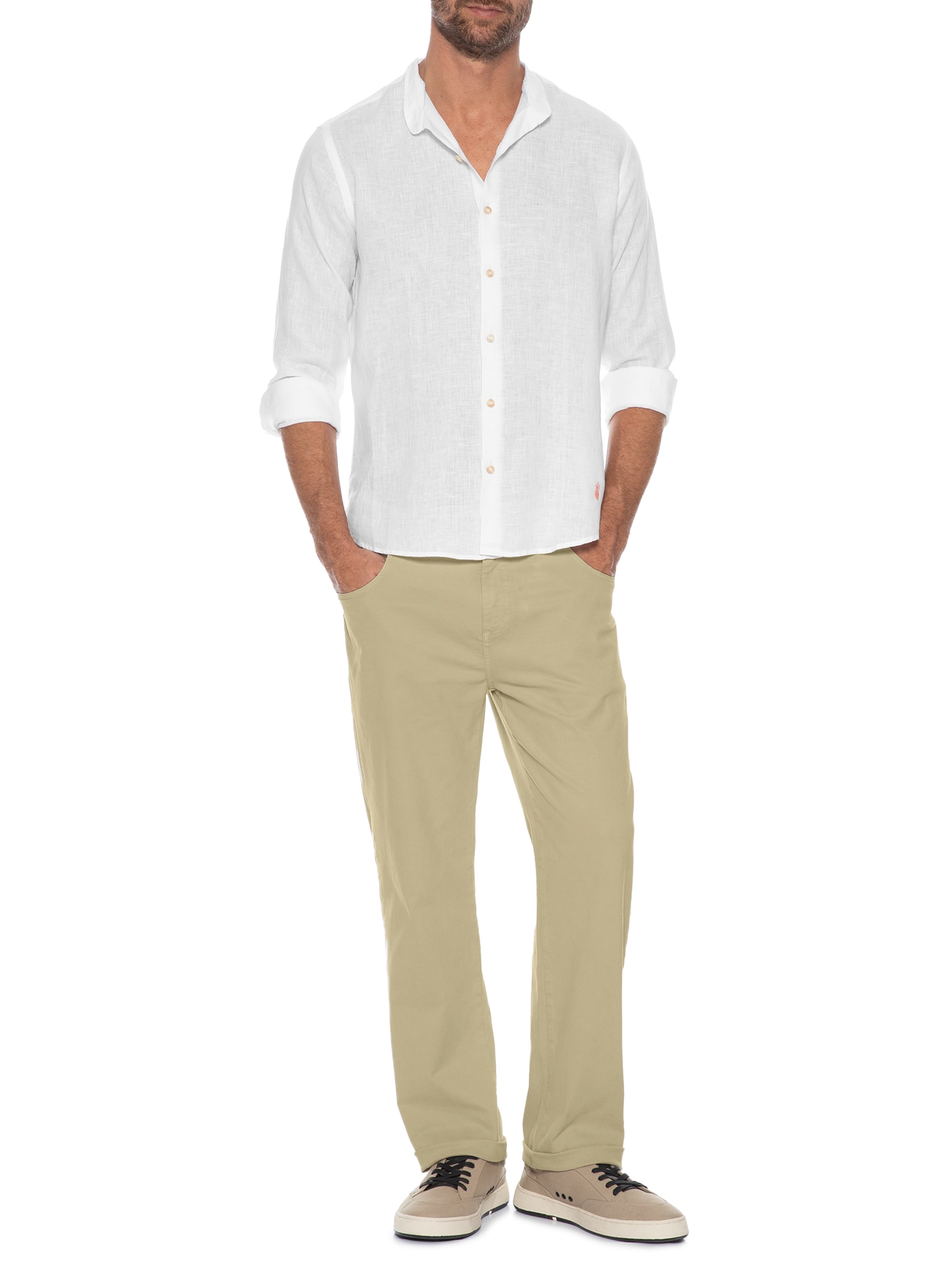 Camisa Masculina Gola Padre Puro Linho Branco Pineapple