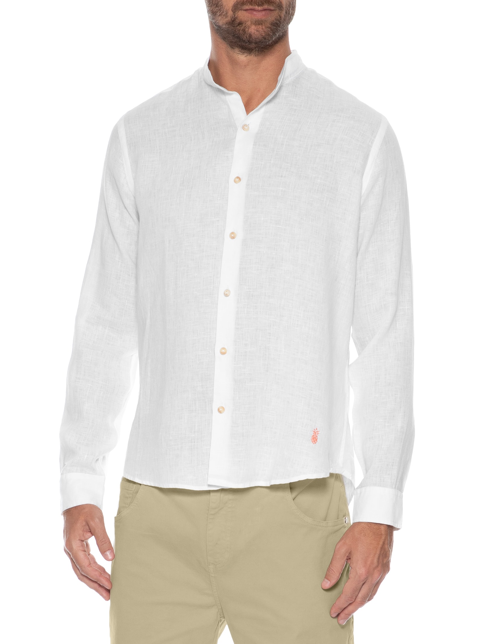 Camisa Masculina Gola Padre Puro Linho Branco Pineapple