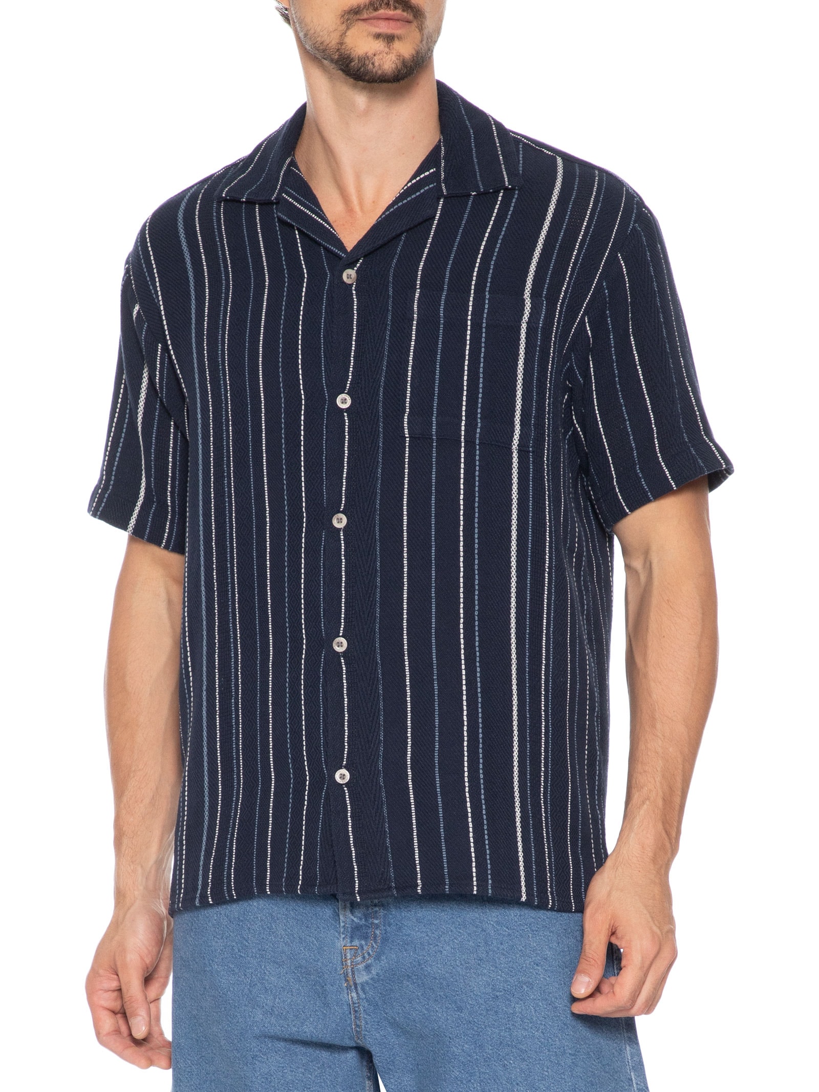 Camisa Masculina Gola Resort Listrada Azul Jack & Jones