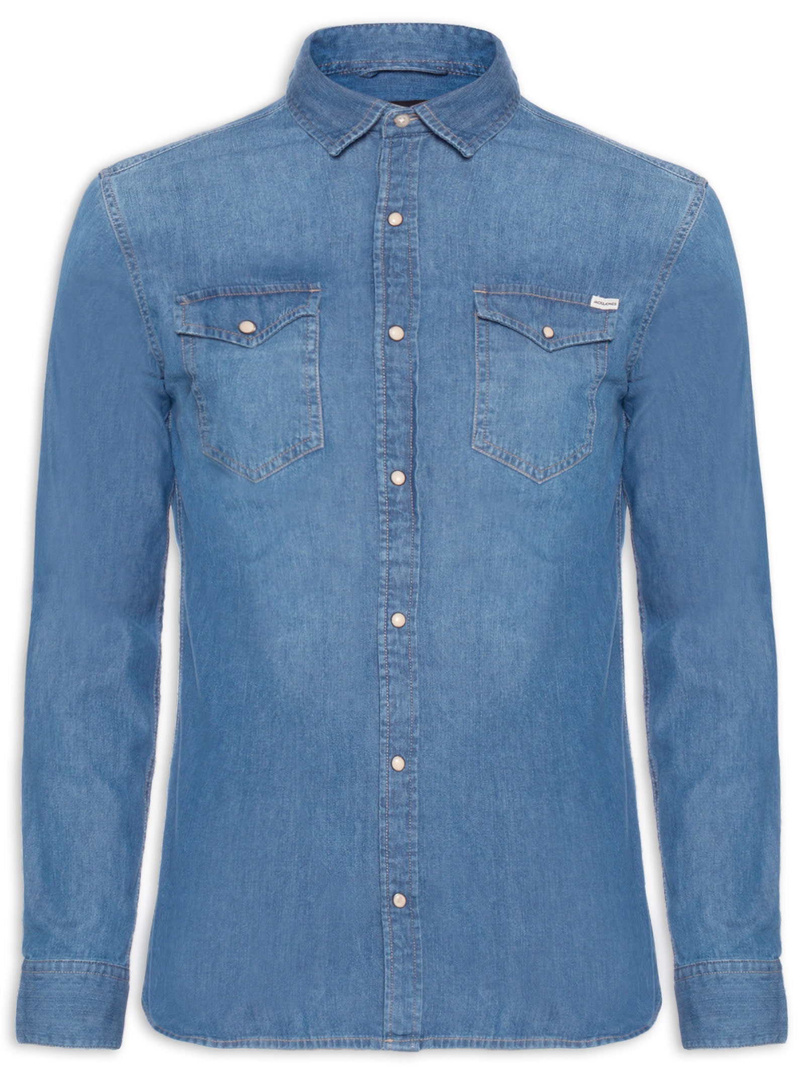 Camisa Masculina Jeans Regular Fit Com Bolsos Azul Jack & Jones