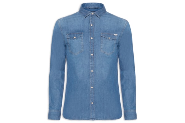 Camisa Masculina Jeans Regular Fit Com Bolsos - Azul