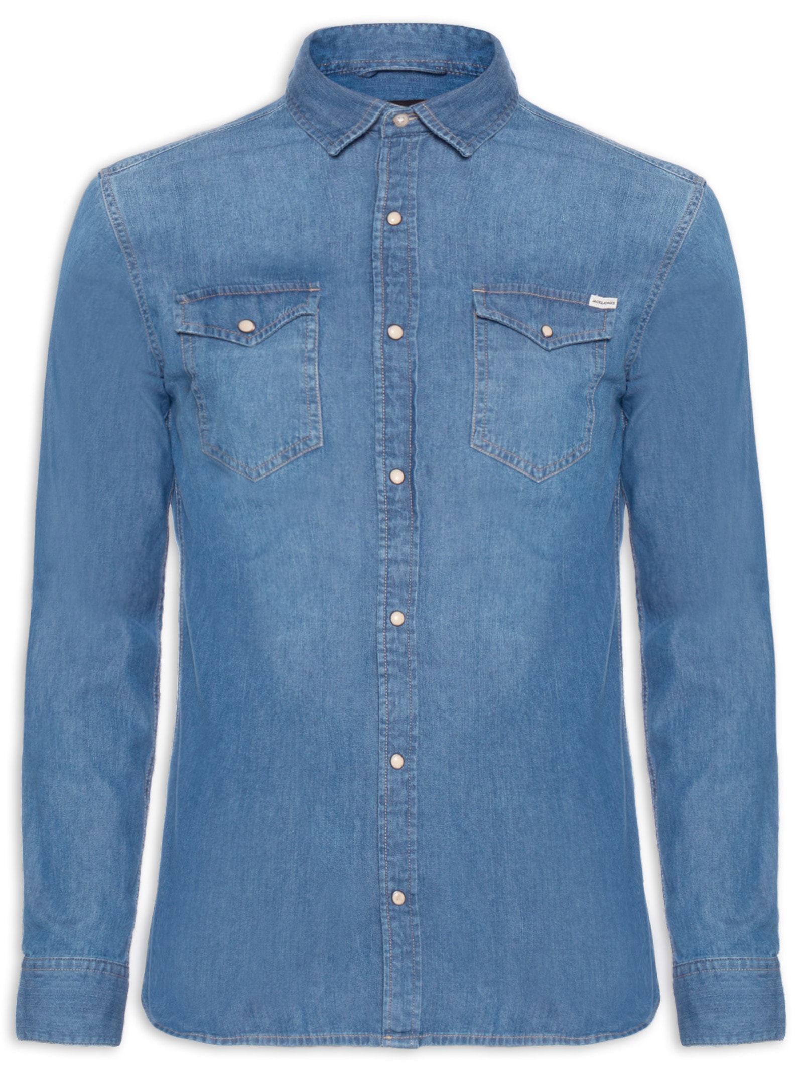 Camisa Masculina Jeans Regular Fit Com Bolsos Azul Jack & Jones