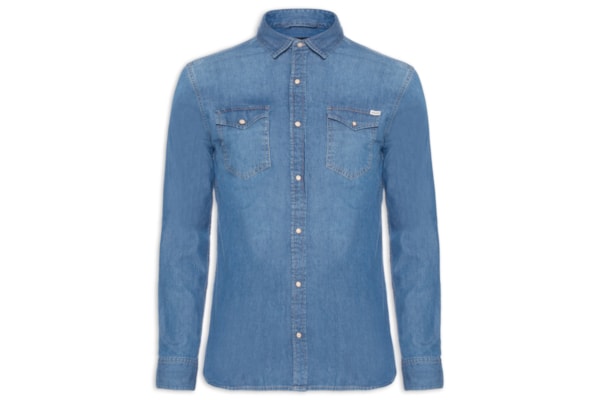 Camisa Masculina Jeans Regular Fit Com Bolsos - Azul