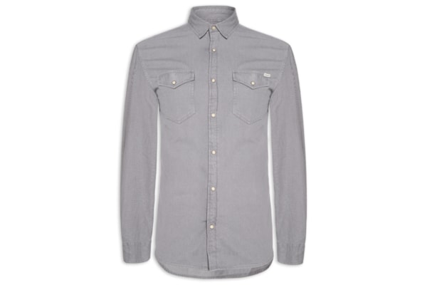 Camisa Masculina Jeans Regular Fit Com Bolsos - Cinza