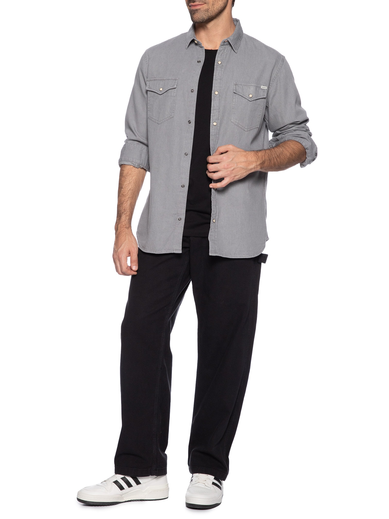 Camisa Masculina Jeans Regular Fit Com Bolsos Cinza Jack & Jones