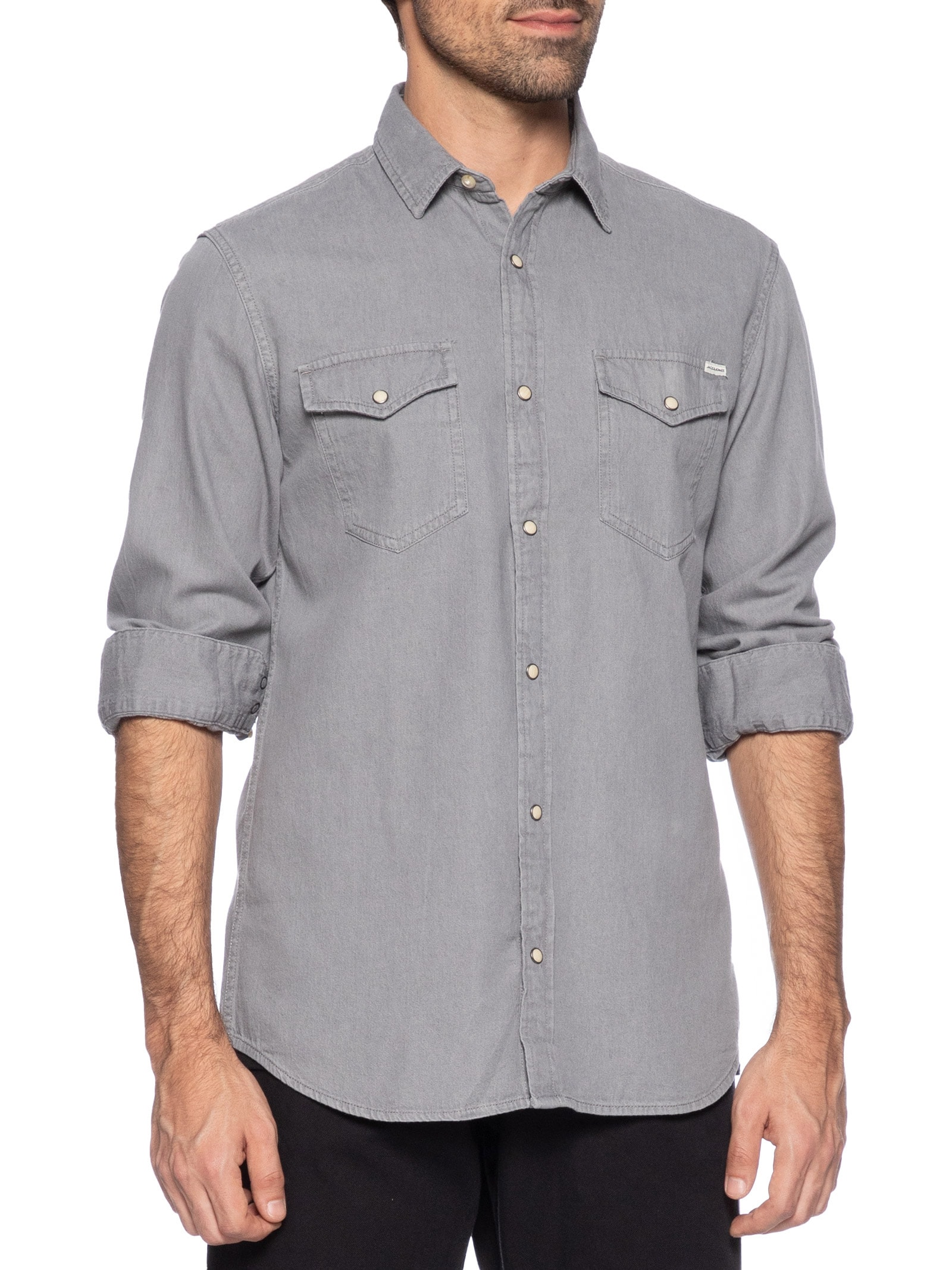 Camisa Masculina Jeans Regular Fit Com Bolsos Cinza Jack & Jones