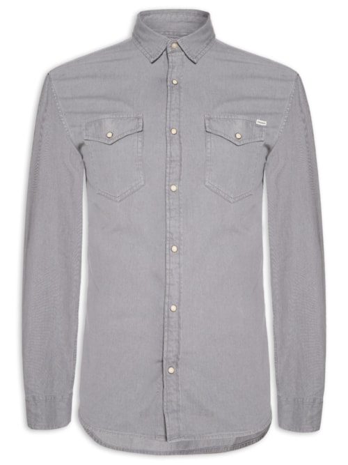 Camisa Masculina Jeans Regular Fit Com Bolsos – Cinza