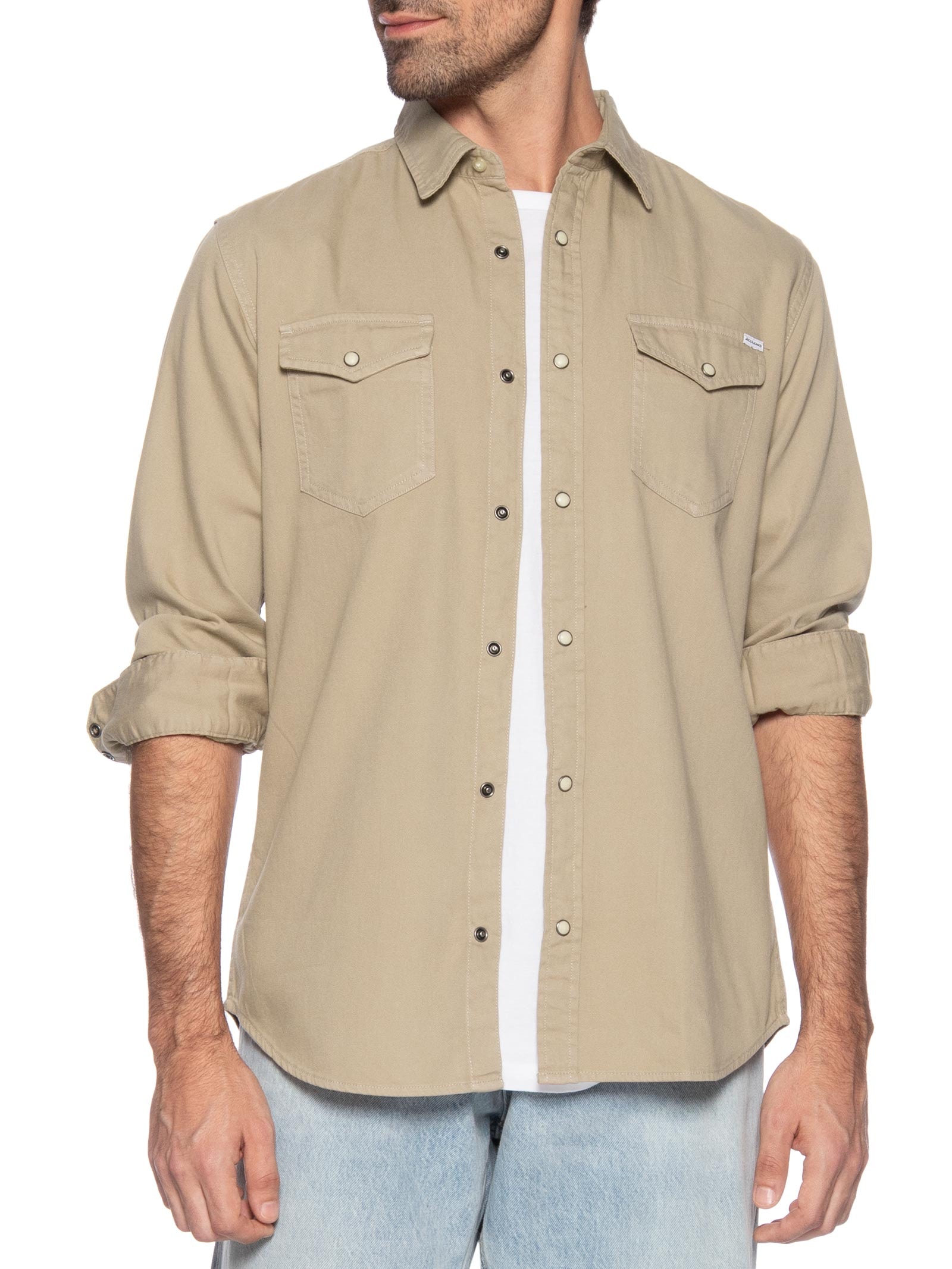 Camisa Masculina Jeans Regular Fit Com Bolsos Marrom Jack & Jones