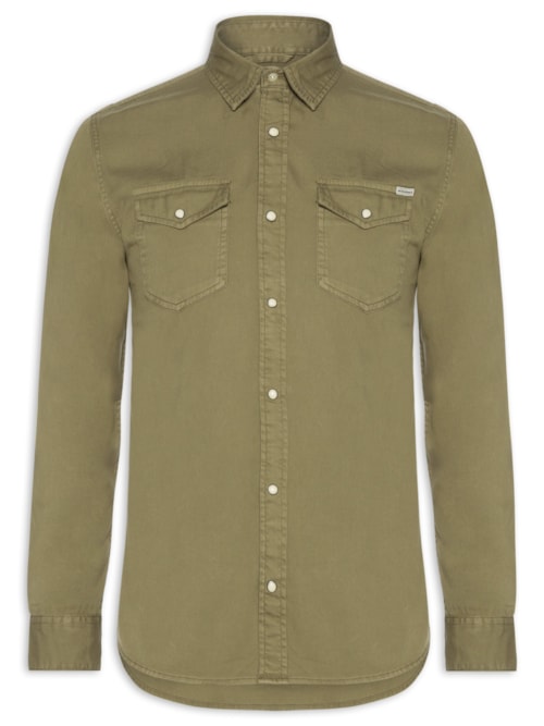 Camisa Masculina Jeans Regular Fit Com Bolsos – Verde