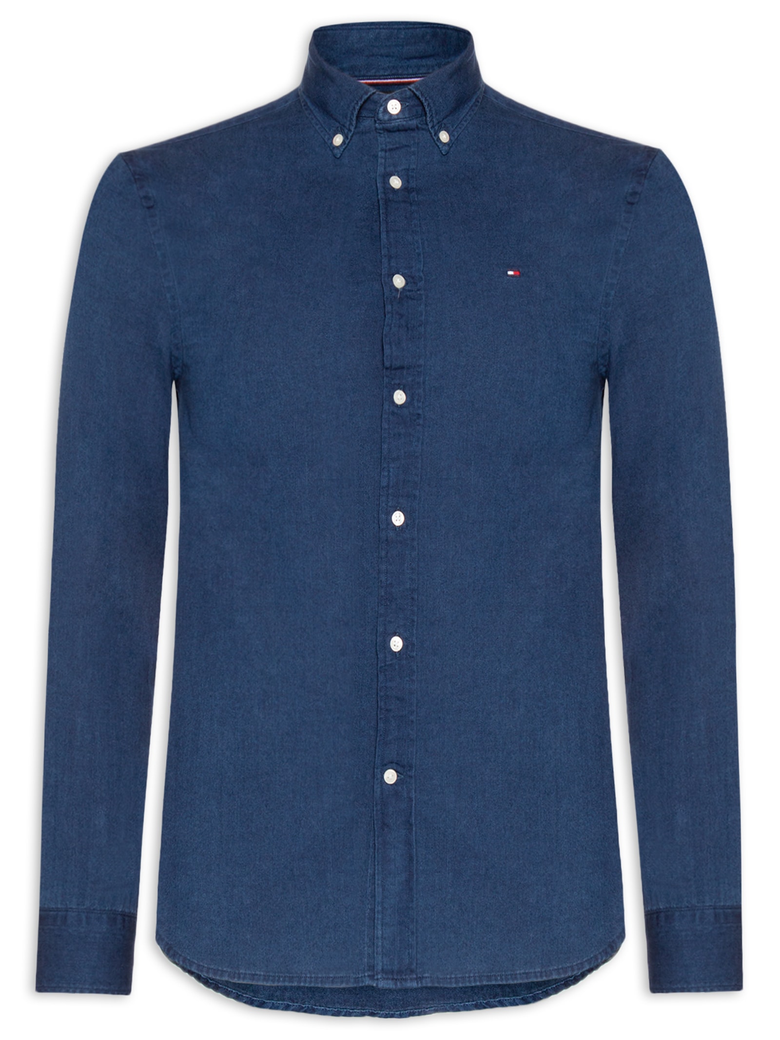 Tommy Hilfiger - Camisa Masculina Jeans Regular Fit Em Chambray - Azul
