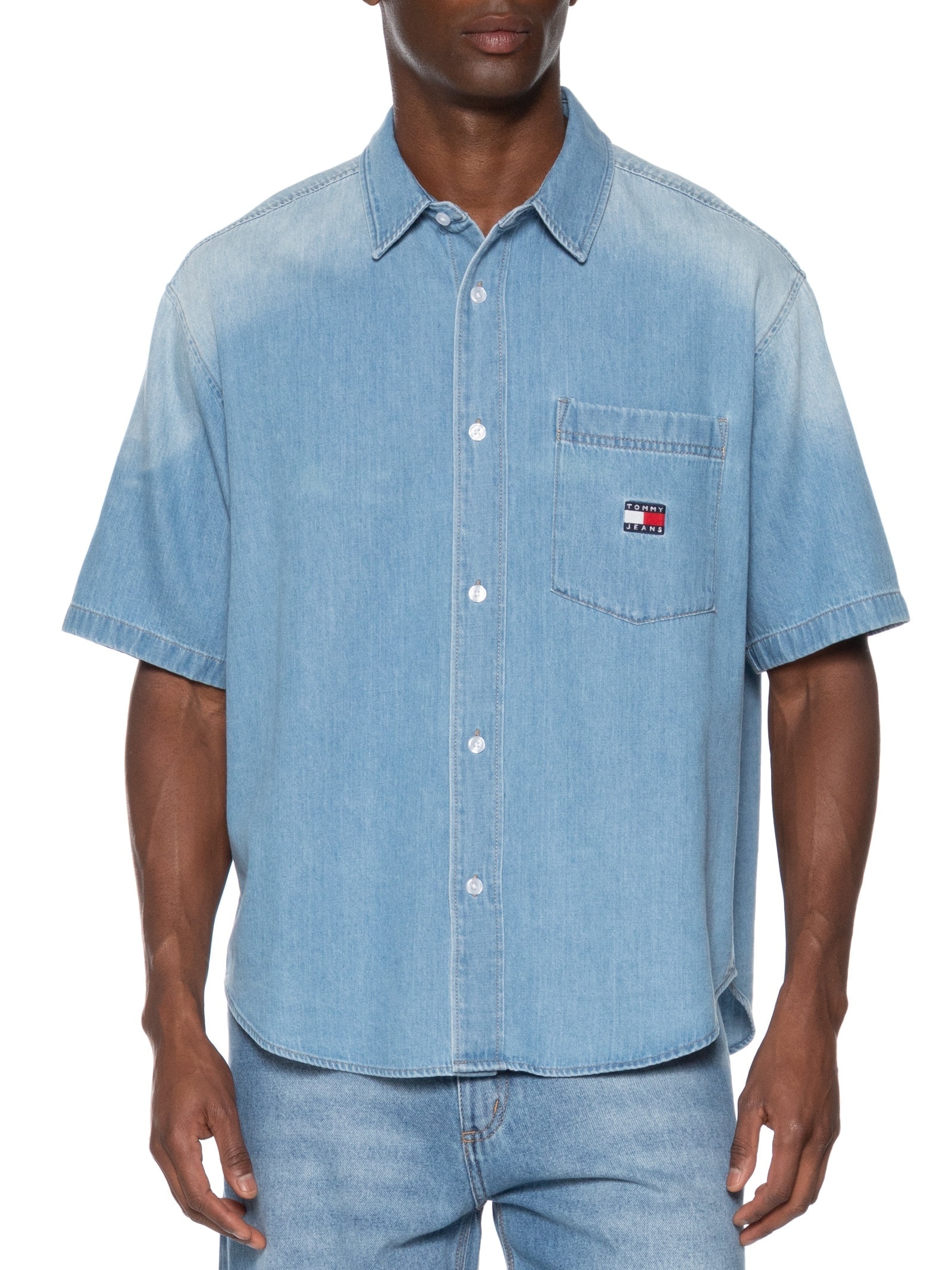 Camisa Masculina Jeans Relaxed Fit Bordada Azul Tommy Jeans