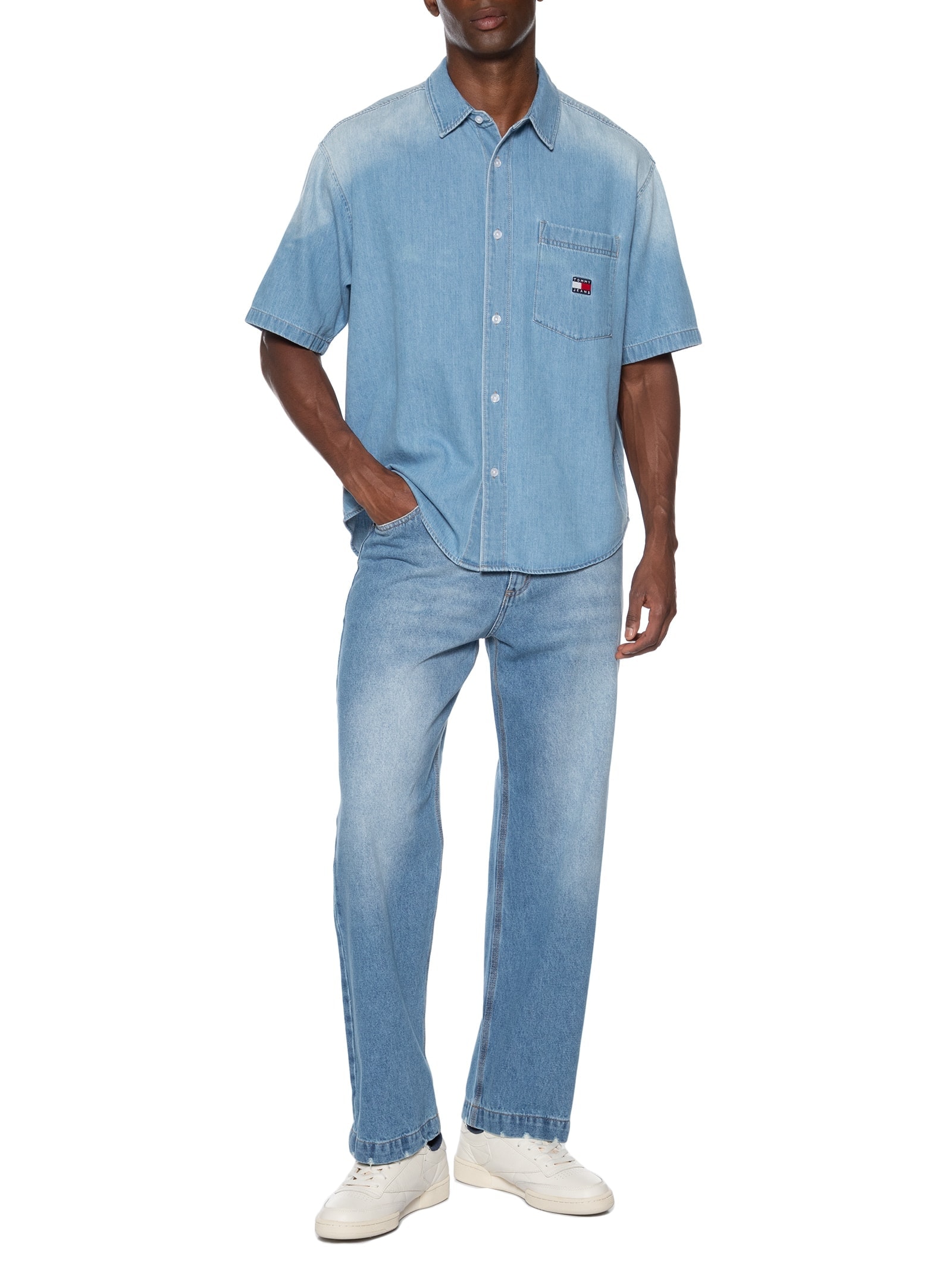 Camisa Masculina Jeans Relaxed Fit Bordada Azul Tommy Jeans
