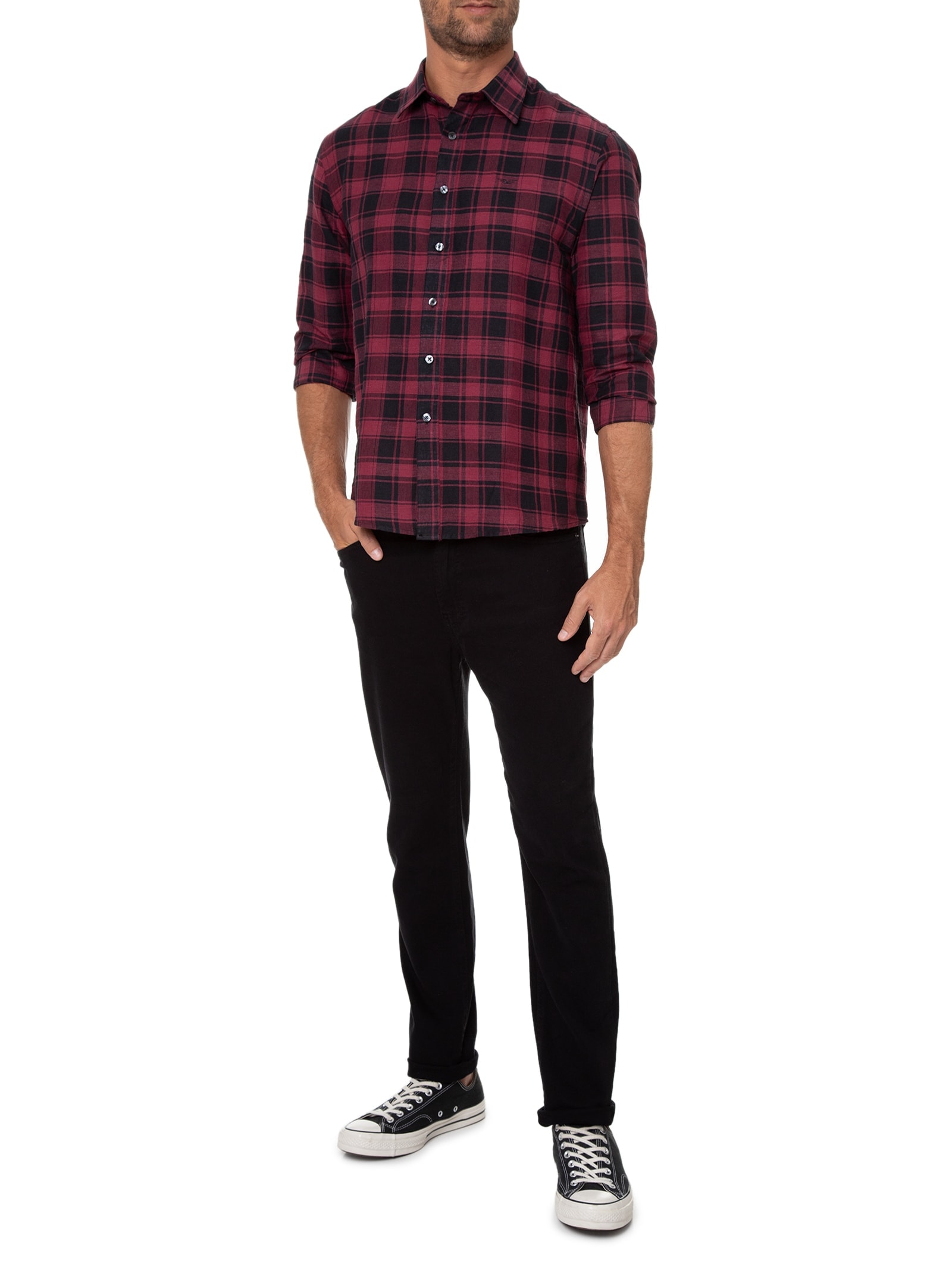 Camisa Masculina Linen Blend Ft Madra Plaid Class Anat Vermelho Ellus