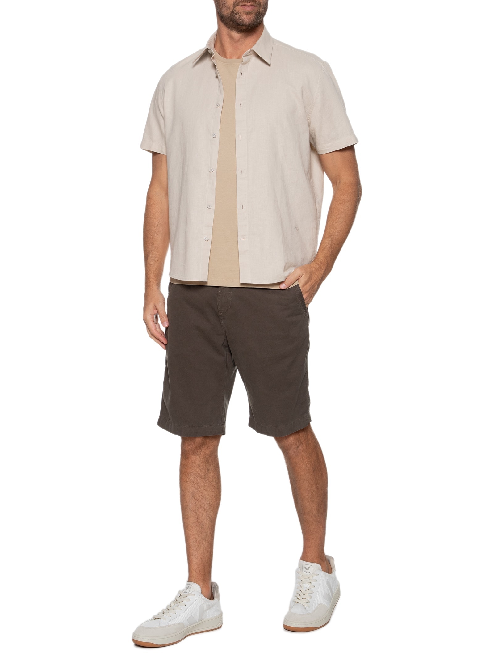 Camisa Masculina Linen Blend Manga Curta Bege Richards