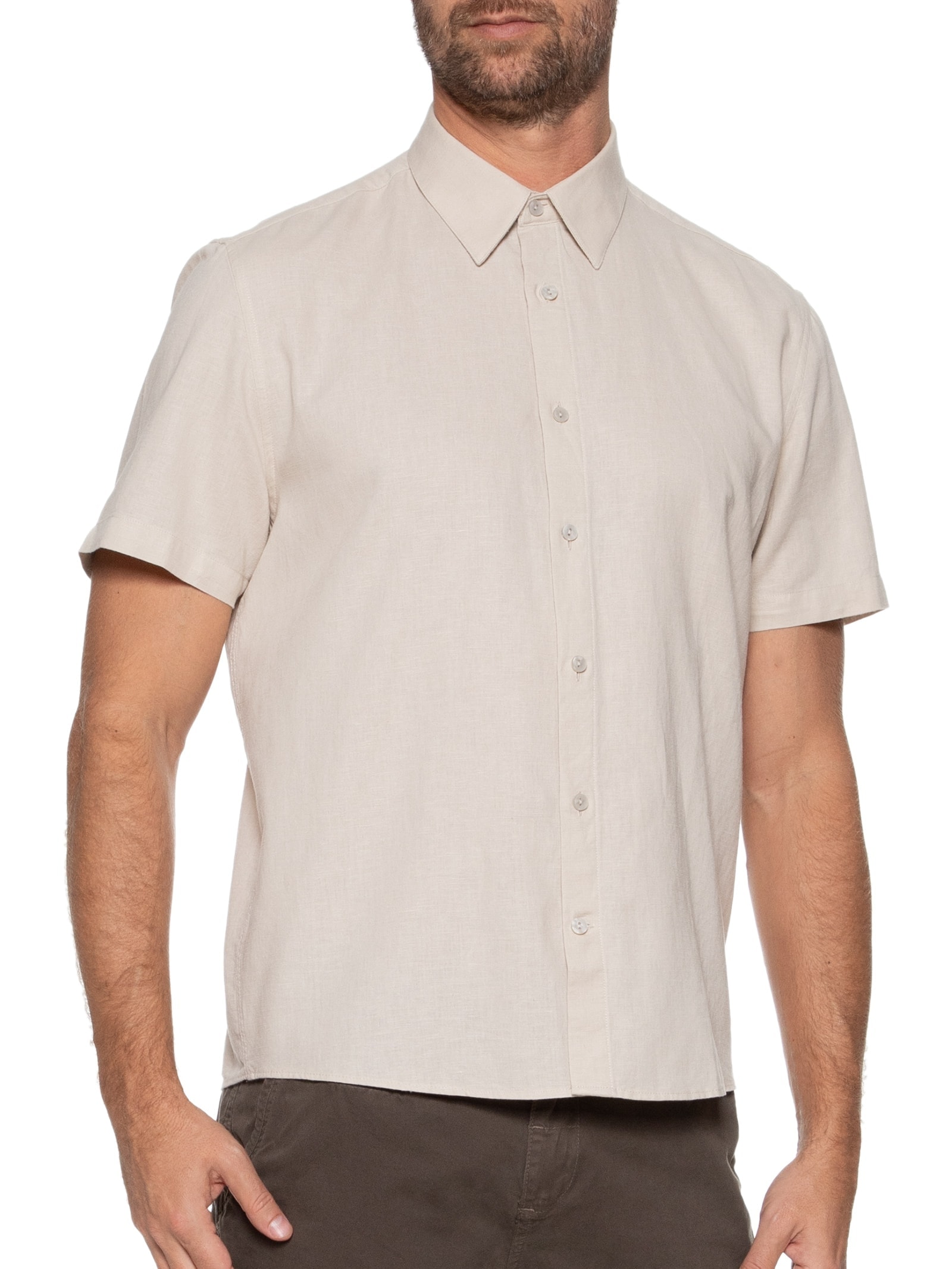 Camisa Masculina Linen Blend Manga Curta Bege Richards