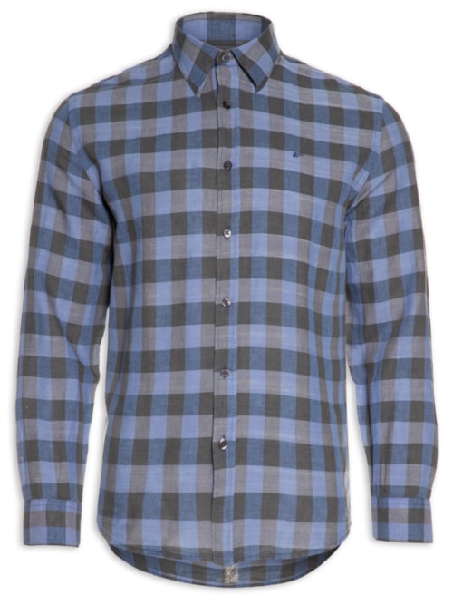 Camisa Masculina Linen Blend Stone Plaid Manga Longa – Azul