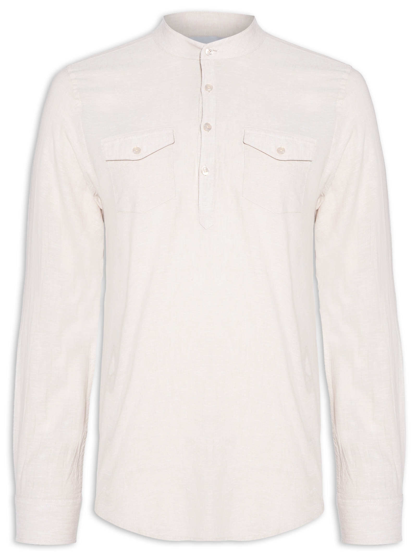 Camisa Masculina Linho Gola Padre Manga Longa Bege '2 Essential