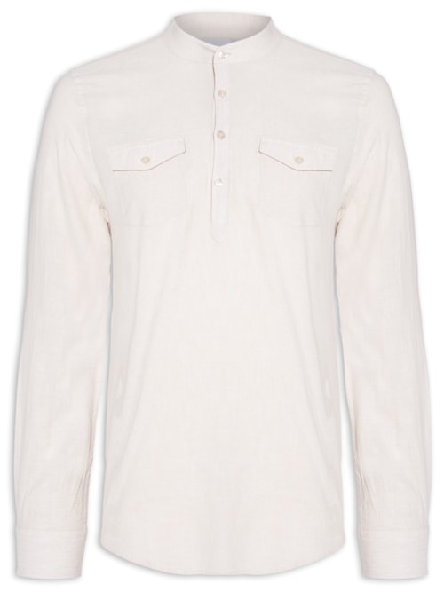 Camisa Masculina Linho Gola Padre Manga Longa - Bege