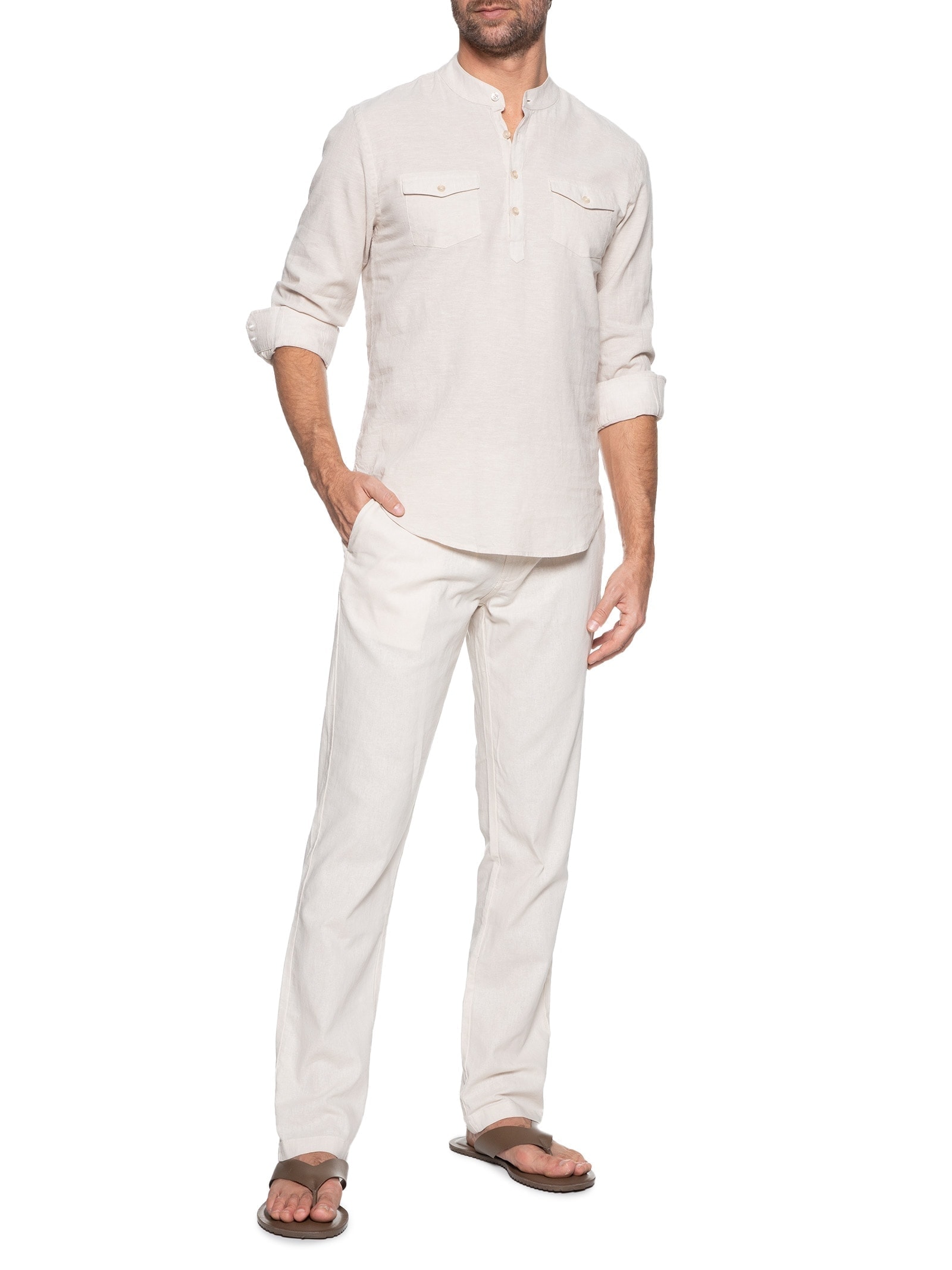 Camisa Masculina Linho Gola Padre Manga Longa Bege '2 Essential