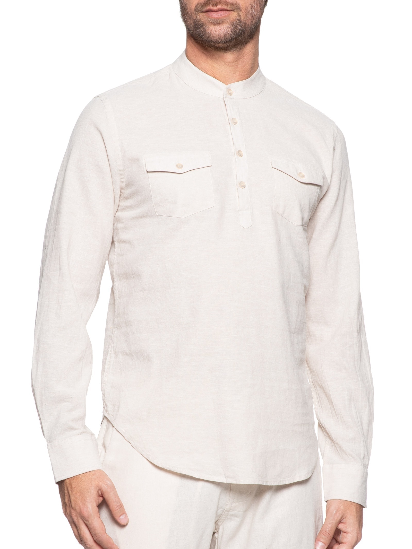 Camisa Masculina Linho Gola Padre Manga Longa Bege '2 Essential